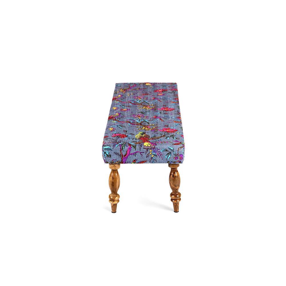 Cairo Solid Wood 2 Seater Bench In Bird Print Grey Kantha Fabric