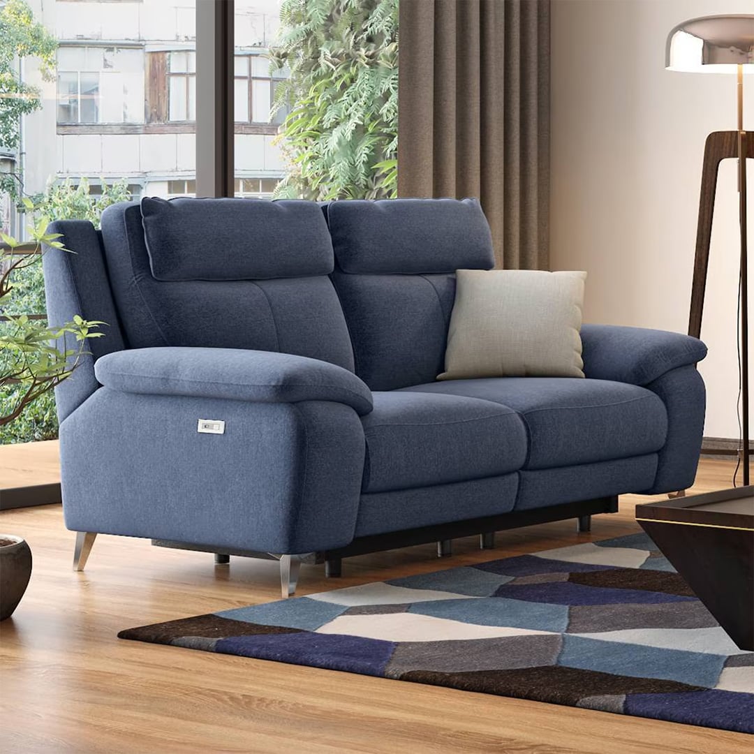 Emila Fabric Two Seater Motorized Recliner in Blue Colour