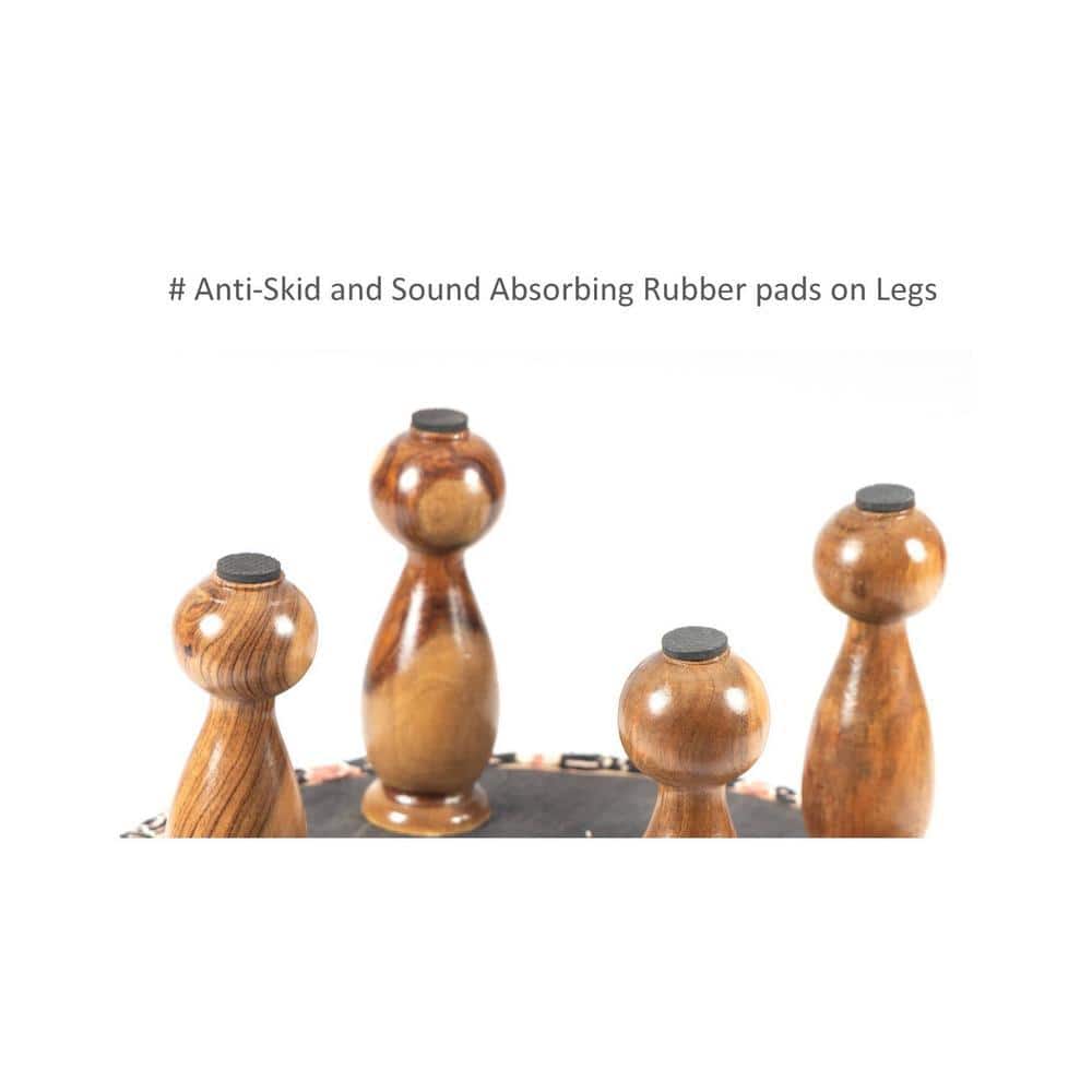 Louisville Acacia Wood Mid Century Round Set of 2 Pouf Stools in Grey Fabric