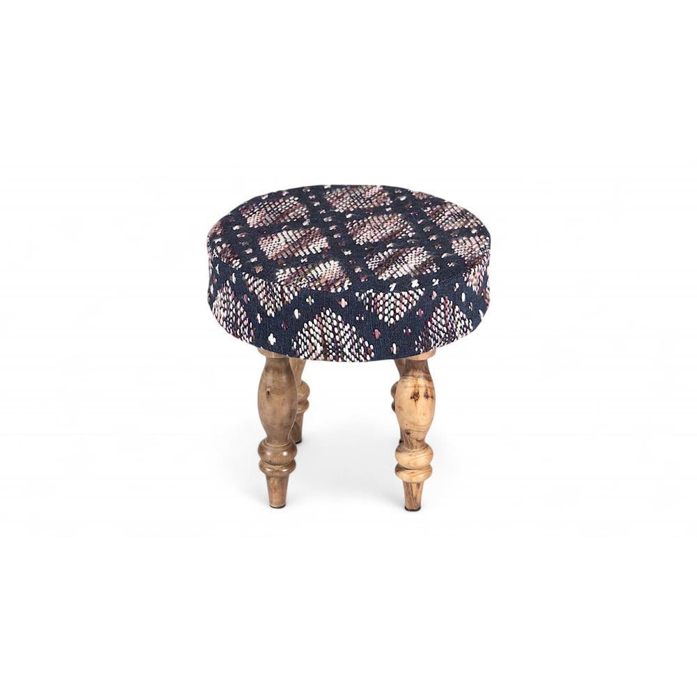 Roswell Sheesham Wood Parisian Round Set of 2 Stools in Blue Jacquard Work Fabric Upholstery
