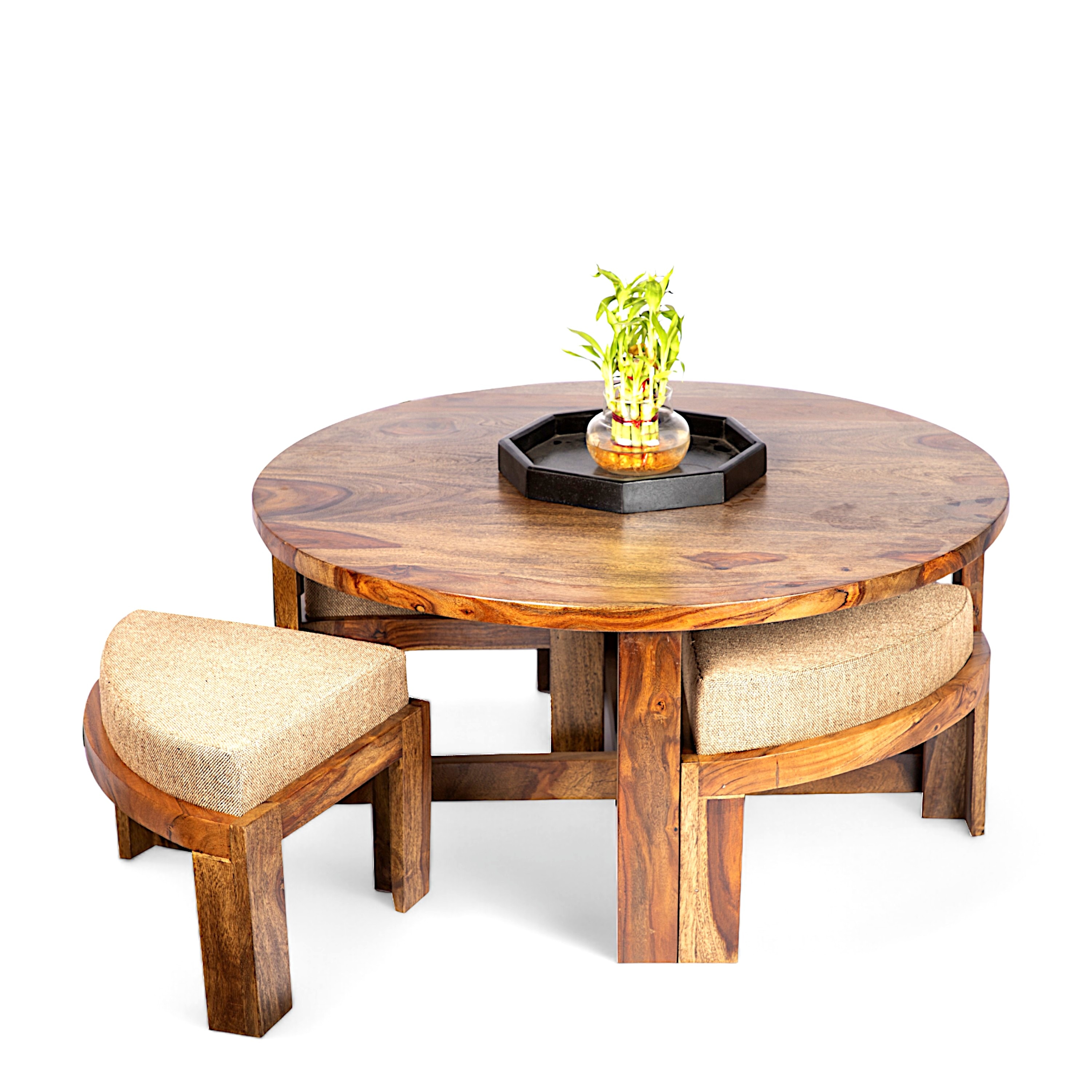 Nashville Sheesham Wood 4 Seater Coffee Table Set In Teak Finish