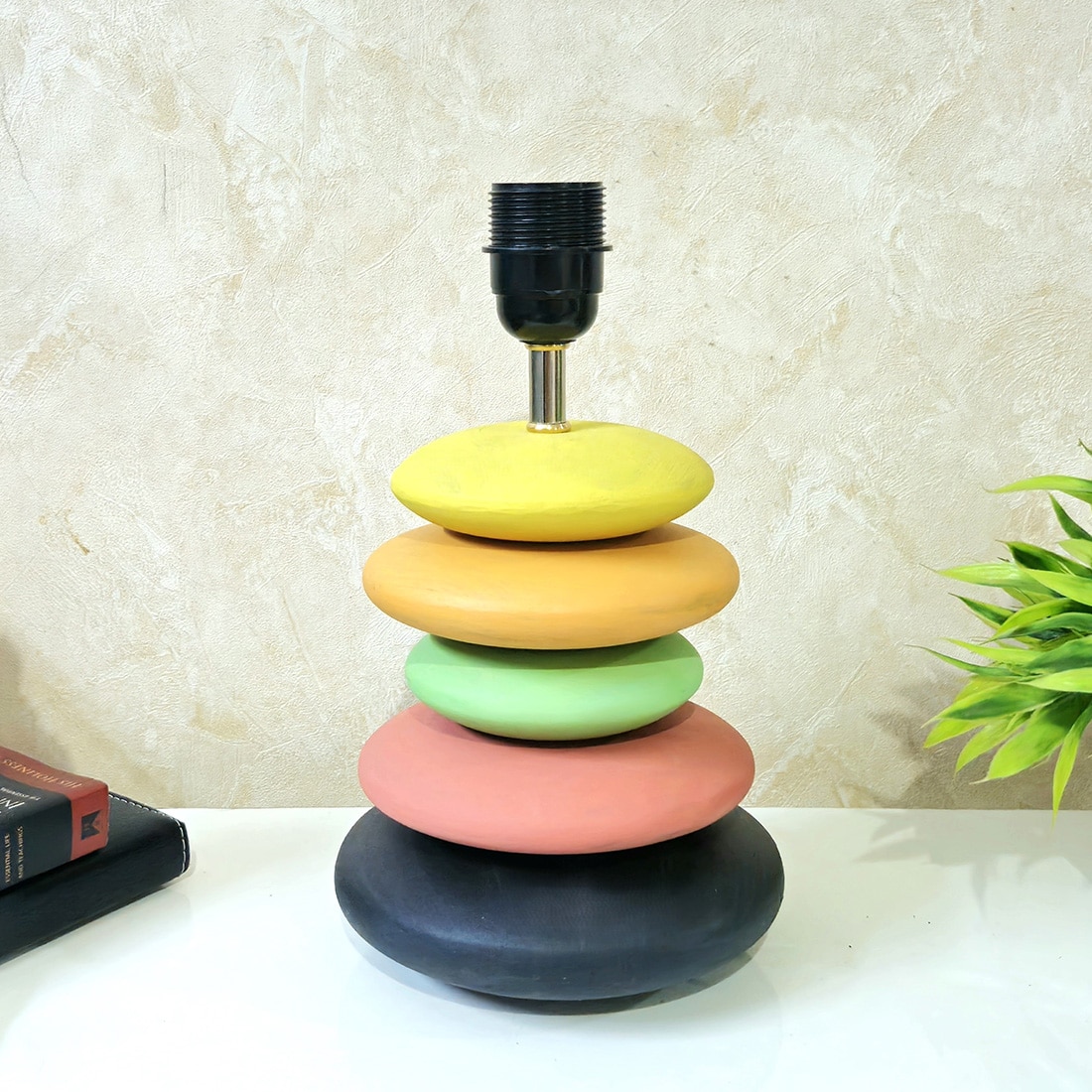 Multicolour Handpainted And Hancarved Distress Wooden Stone Finish Table Lamp