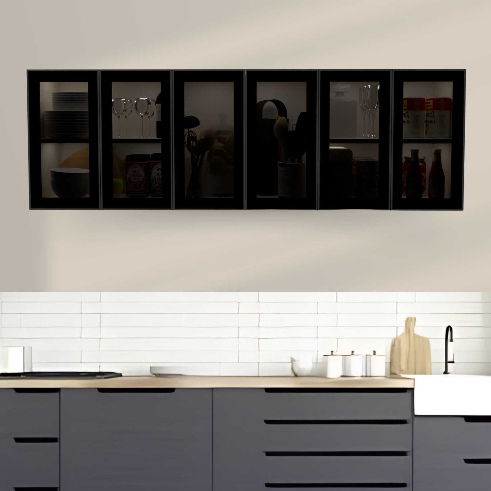 Aluminium Black Profile 6 Grey Tinted Glass Handless Shutters Wall Cabinet In Highland Pine Finish - Speciality Panels