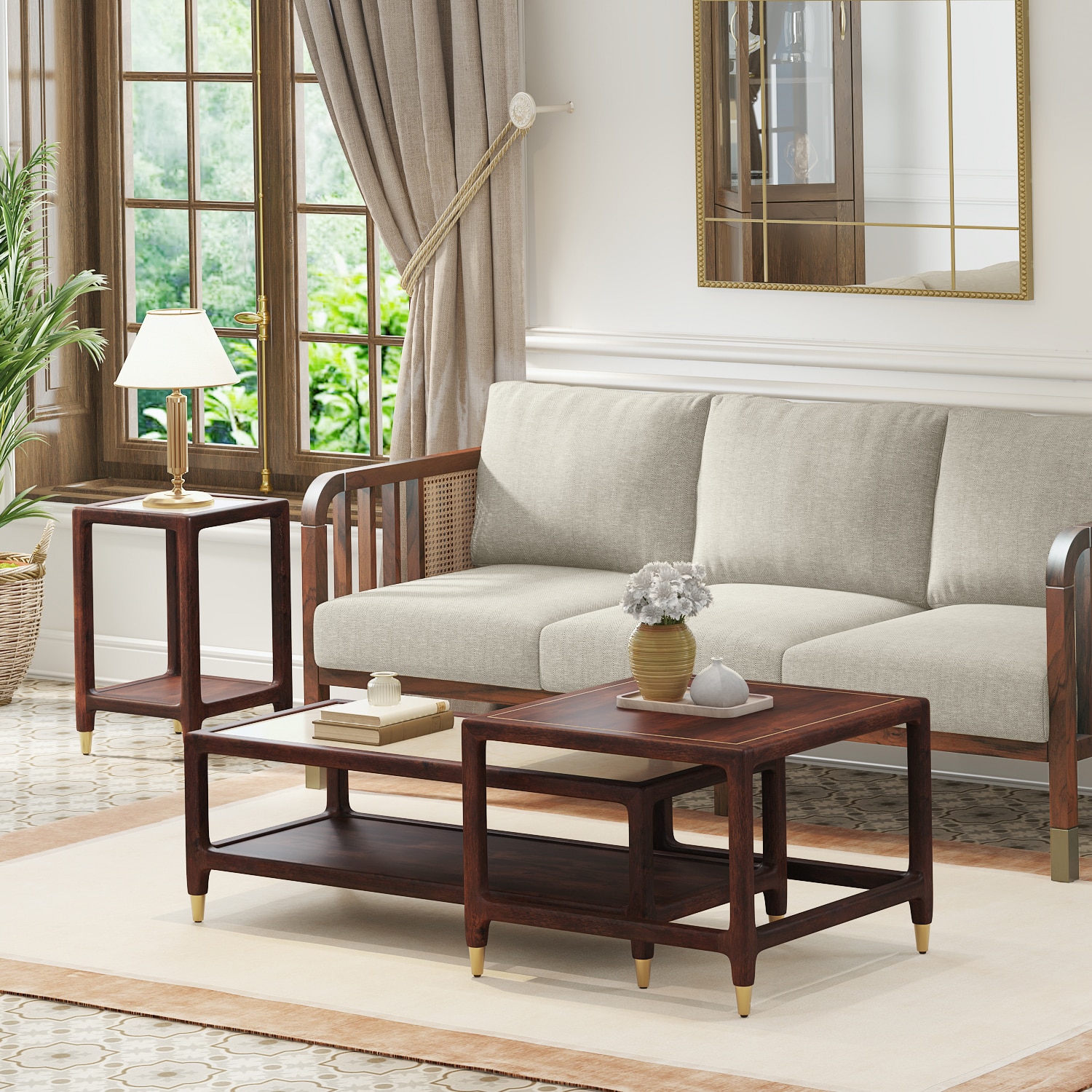 Sera Rectangular Marble and Square Solid Wood Nested Coffee Table with Square Marble Side Table in Walnut Finish - Urban Ladder