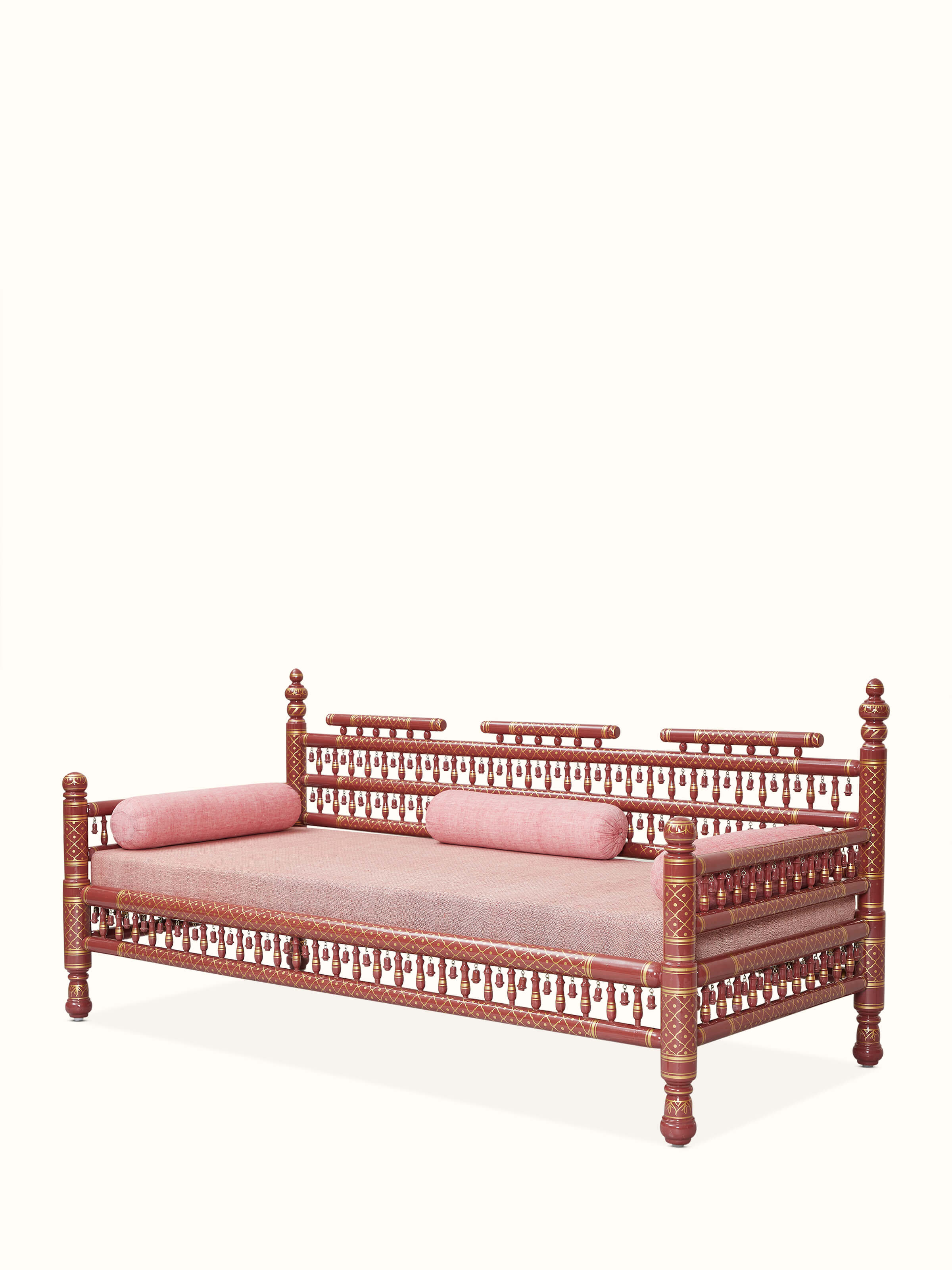 Maroon Upholstered Teak Wood Sankheda 3-seater Sofa