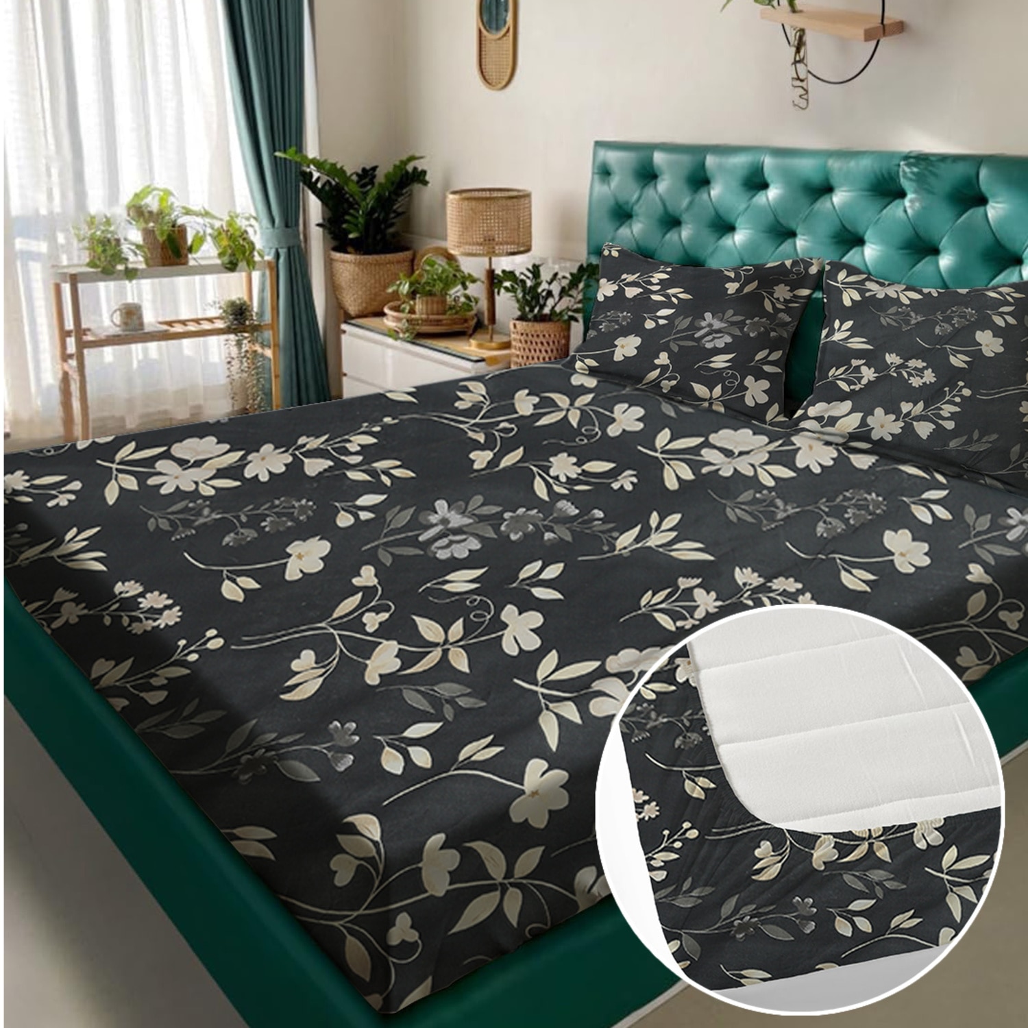 Charcoal Floral 180 TC Fitted 1 King  Bedsheet with 2 Pillow Covers
