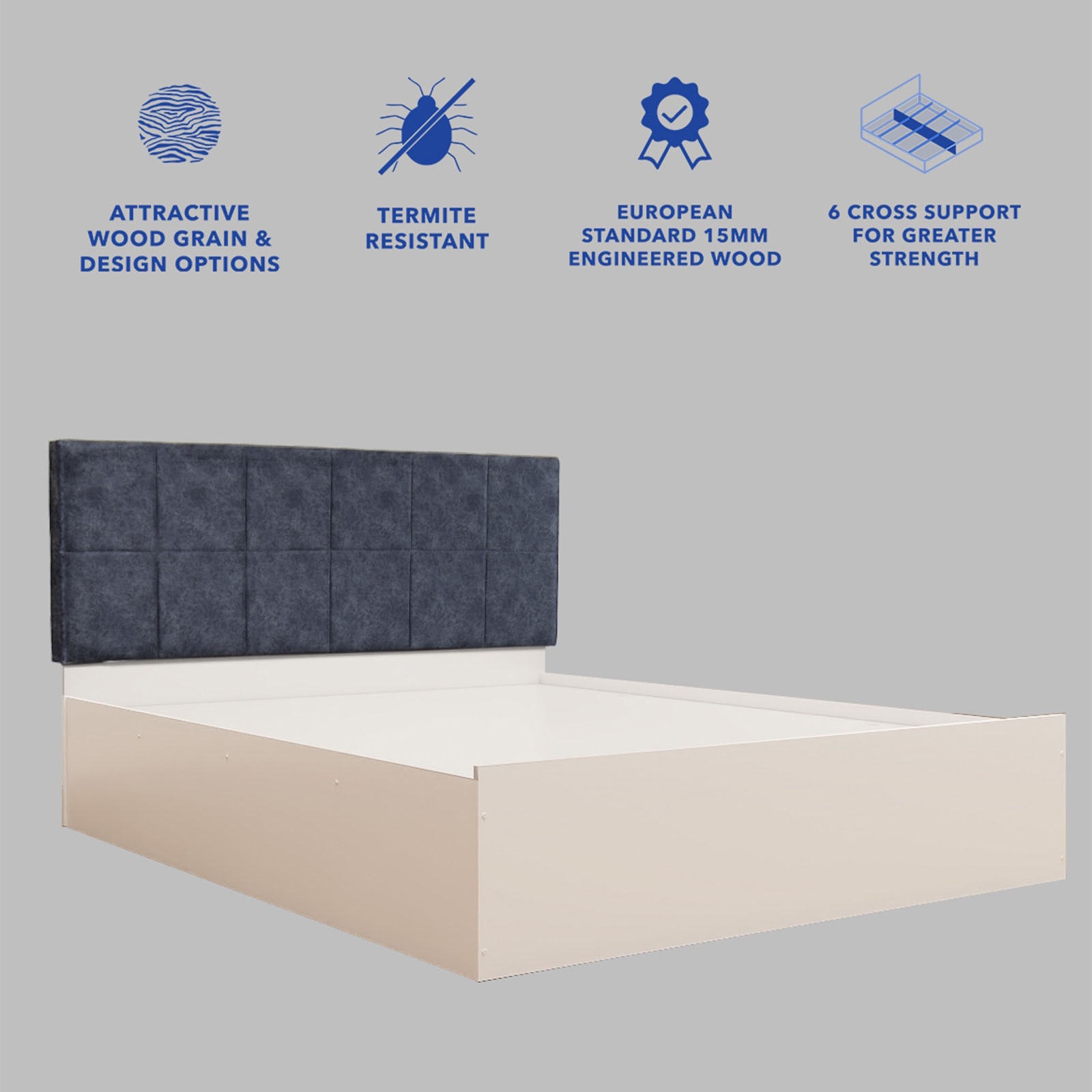 Prana Bed With Premium Leatherette Fabric Box and Half Hydraulic Storage - Queen Bed