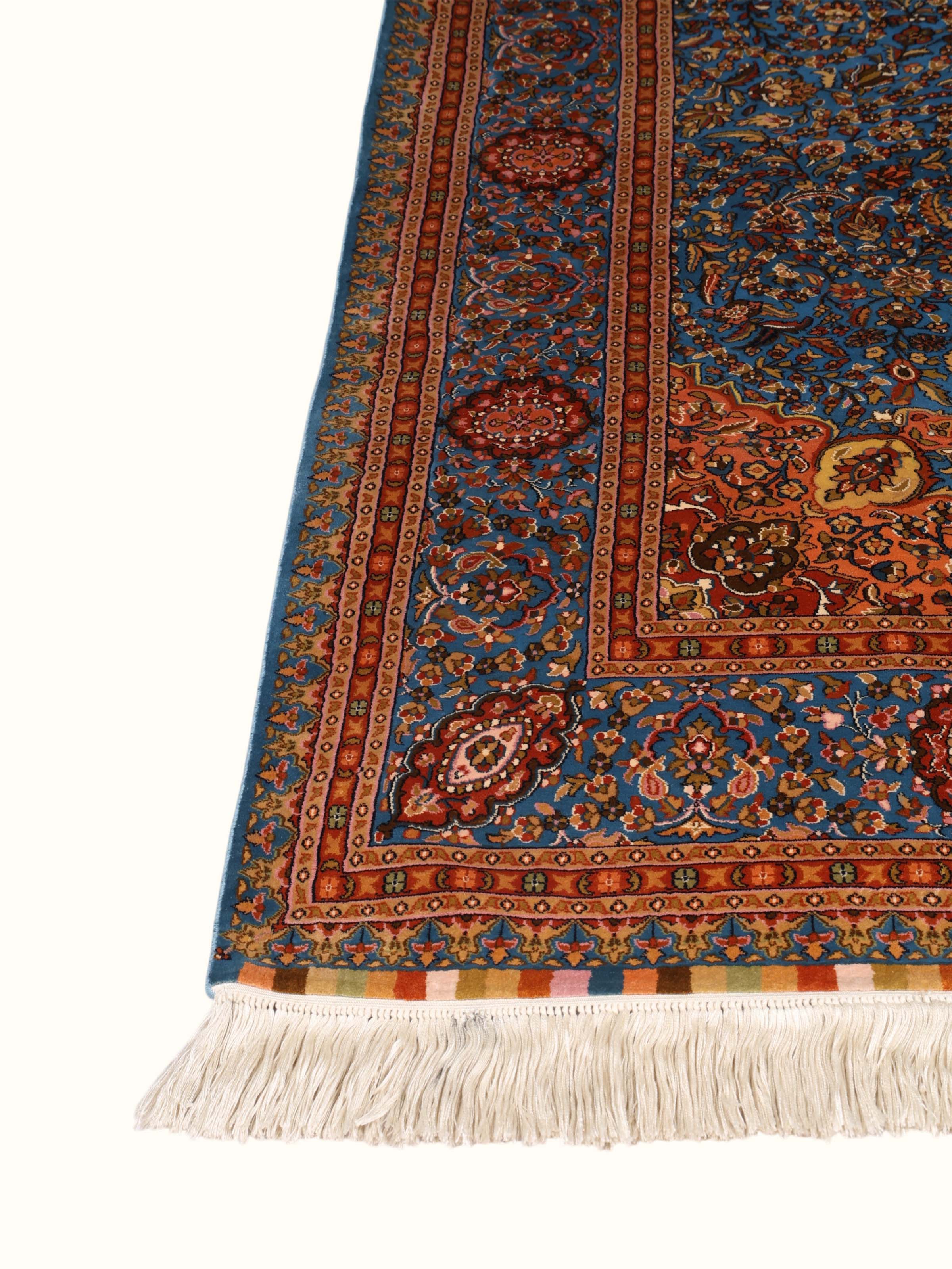 Traditional Persian Azure Rust Isfahan Kashmir Silk Hand-Knotted Carpet