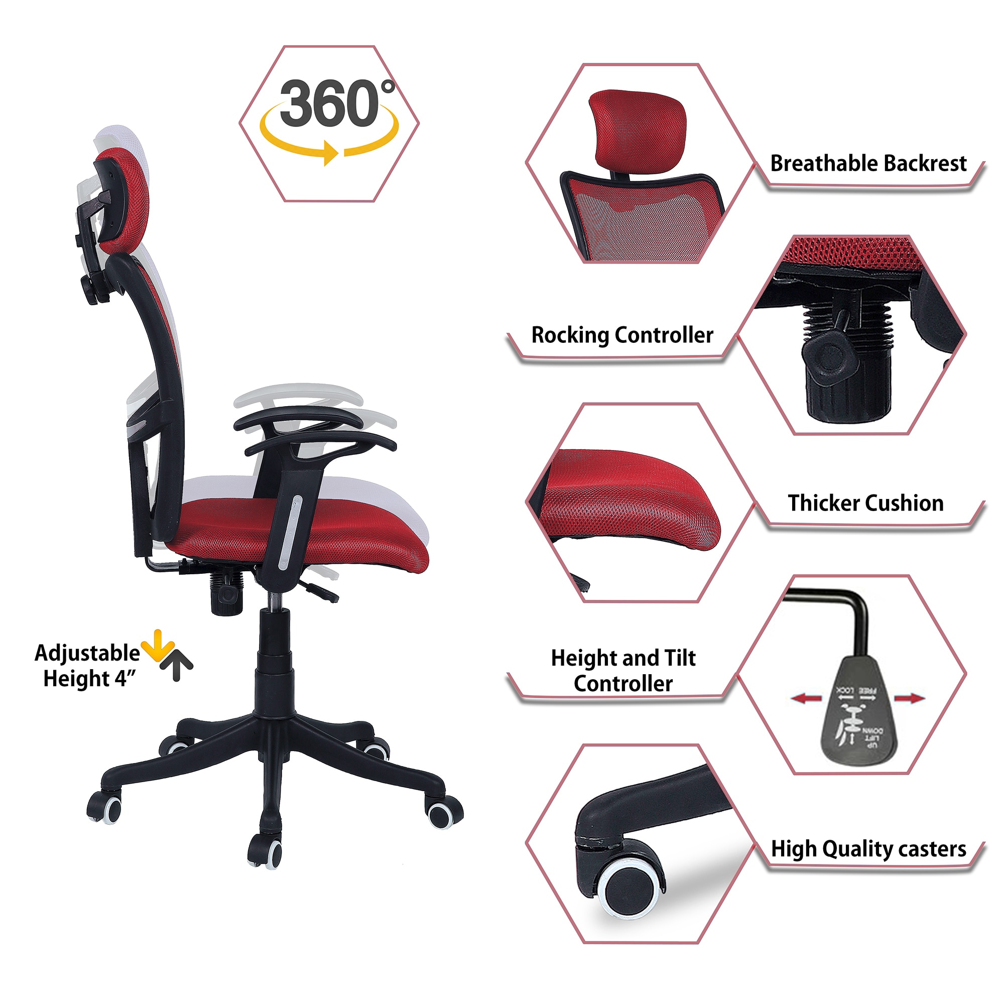 Jeaorda High Back Ergonomic Chair in Red Colour
