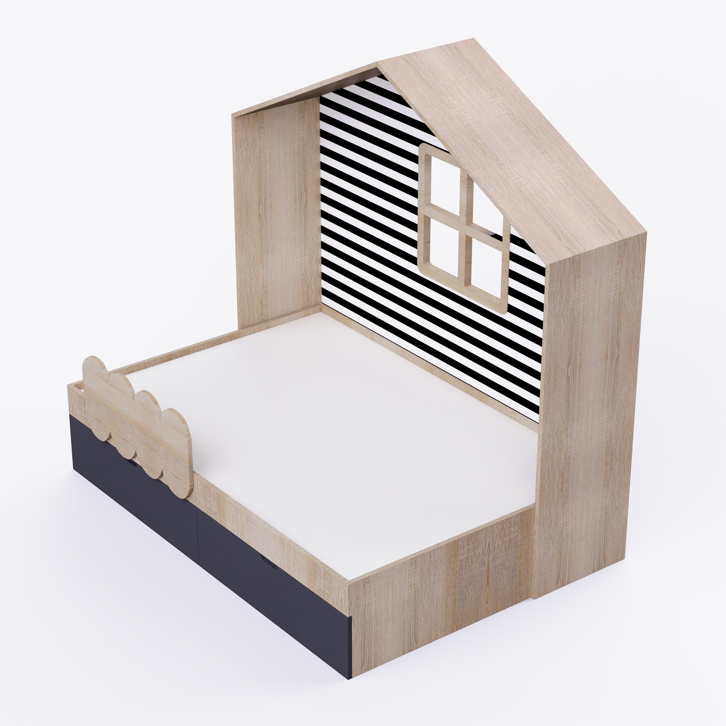 Little Hut Bed 6X4 Drawers On Wheels In Oak and Black Colour62