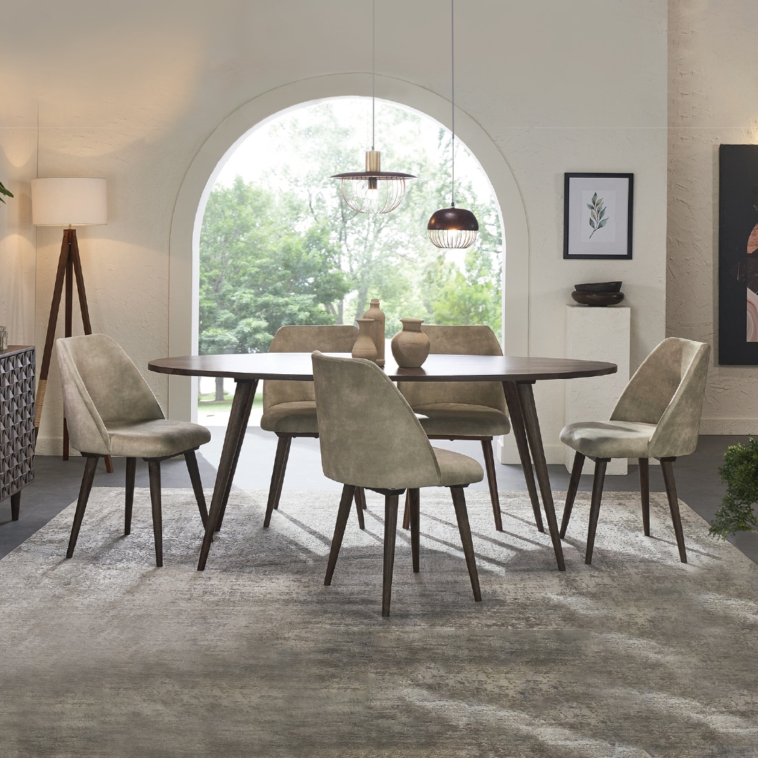 Bicasso Solid Wood Dining Table with Six Chairs in Grey Colour - Orange Tree