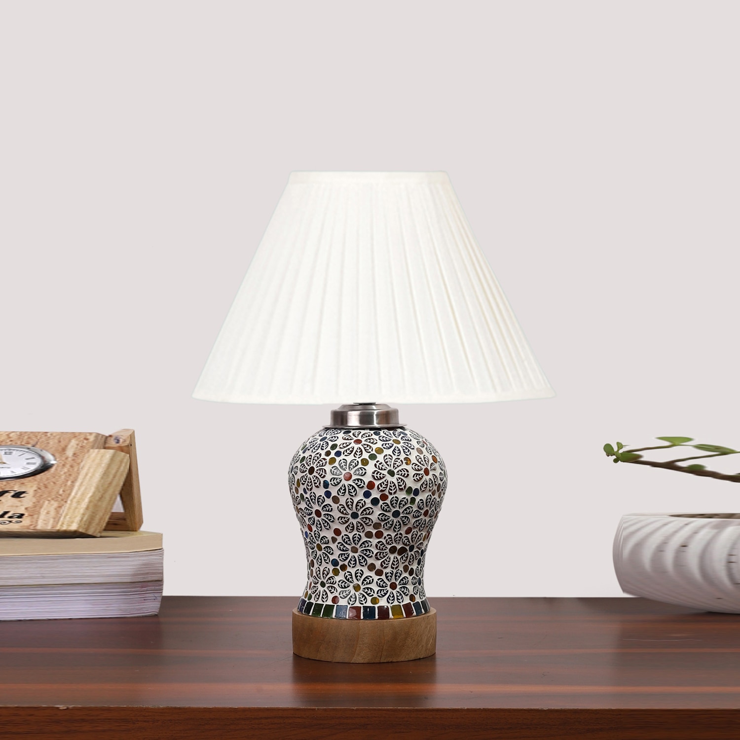 Devansh Off-White Cotton Straight Pleated Shade Lamp With Wood & Mosaic Glass Base For Decoration/Office/Home/Gifting/Study For Decoration/Office/Home/Gifting/Study - Devansh