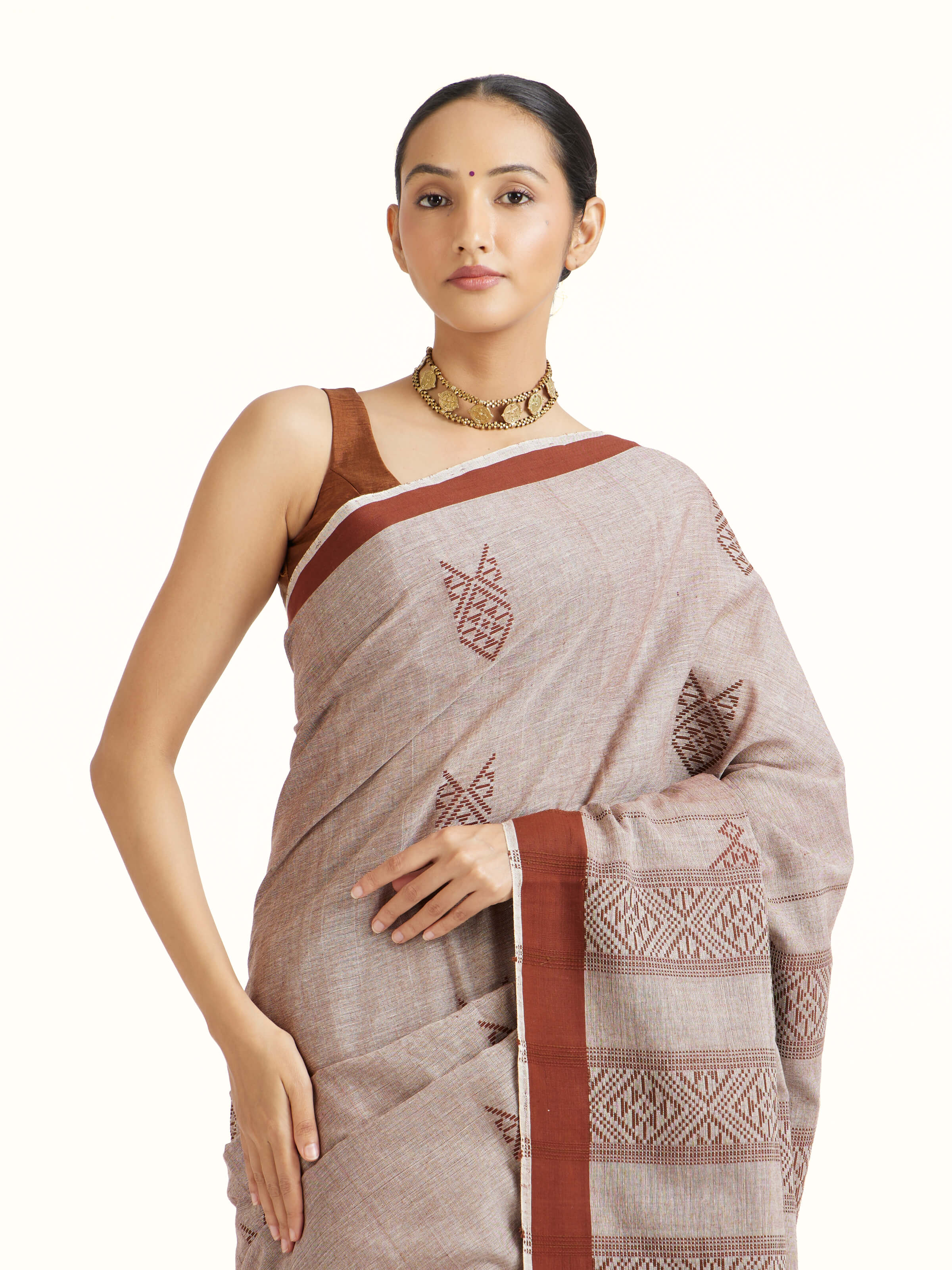 Brown Cotton Extra-weft Saree