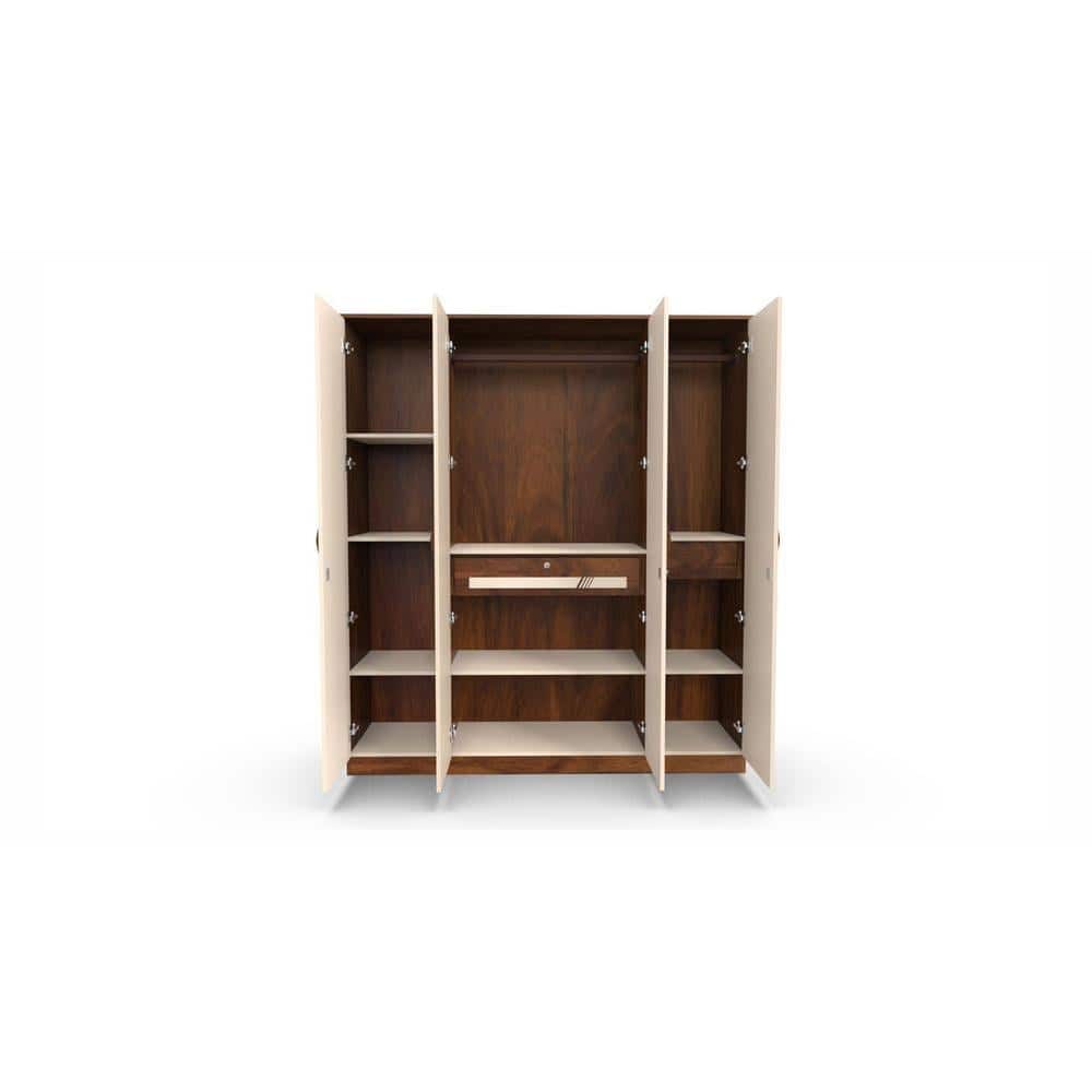 Andrie Engineered Wood 4 Door Wardrobe/Clothes Storage Rack Organizer Almirah Cupboard Without Mirror, 10 Shelves & Drawers (One with Lock) for Bedroom Home Furniture (Brown Maple & Beige)…