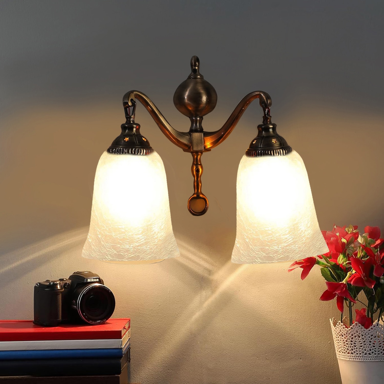 Devansh Metal Electric Wall Light in Antique gold Colour with White Shade Count of 2 Lights - Devansh
