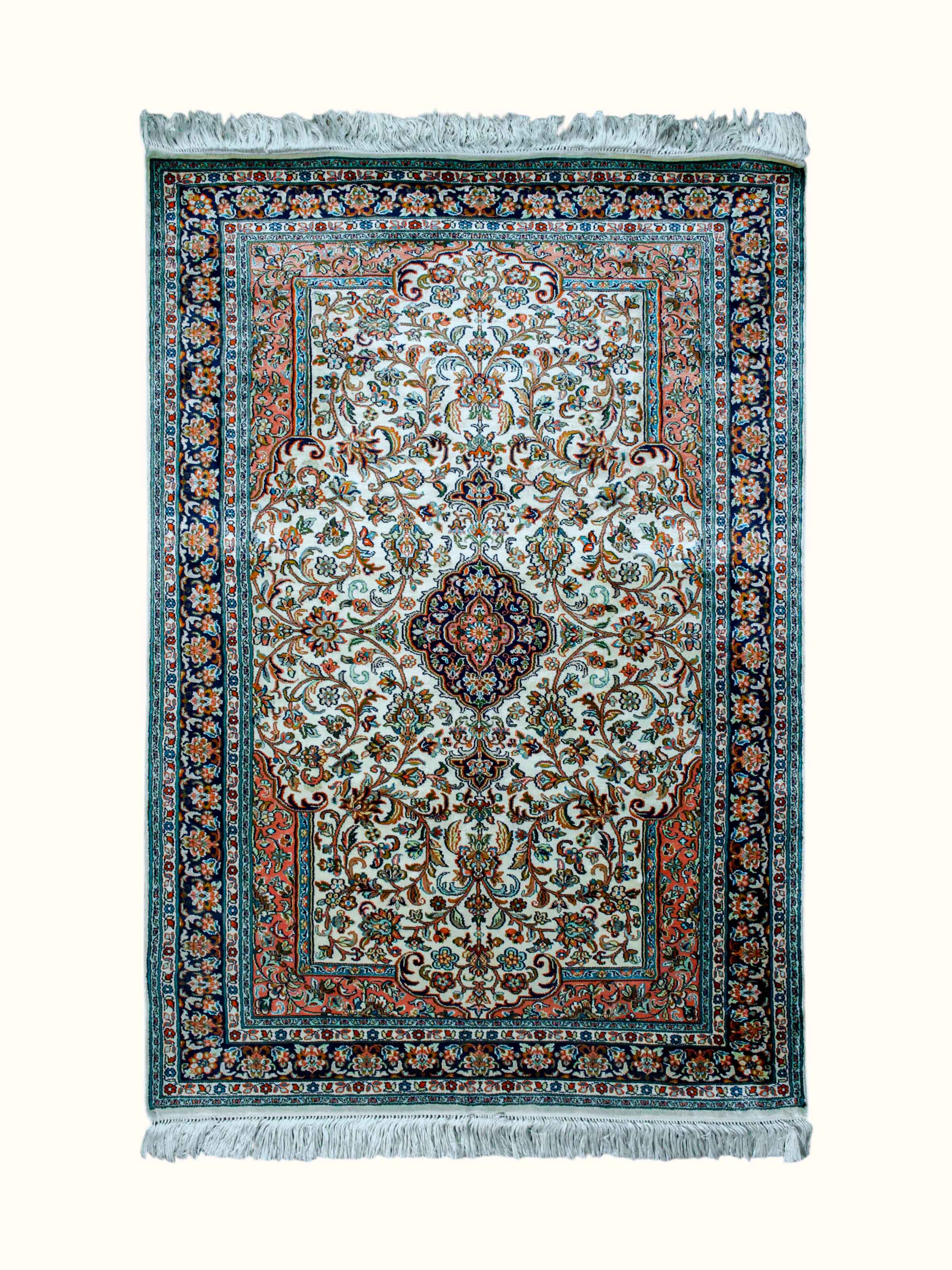 Traditional Persian Ivory Rust Kashan Kashmir Silk Hand-Knotted Carpet