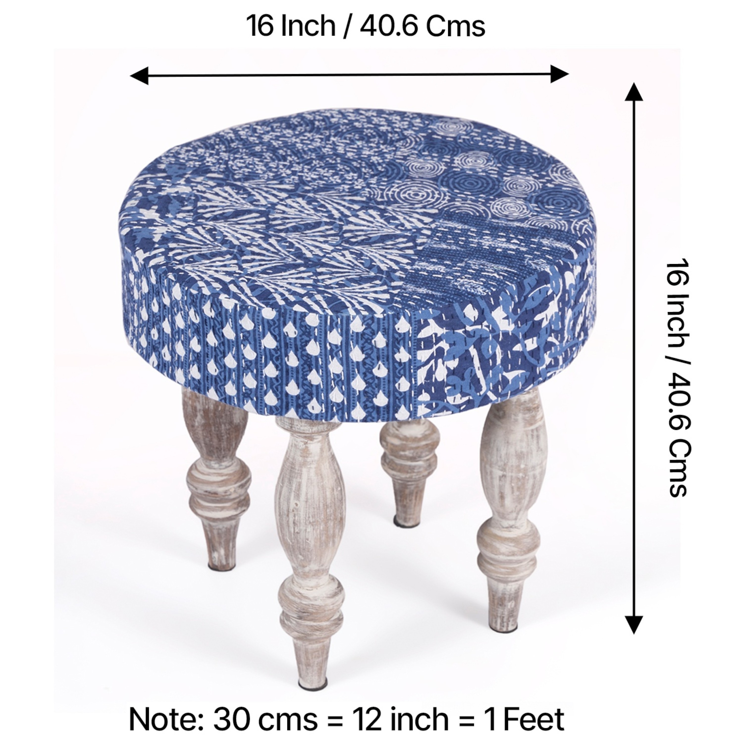 Roswell Sheesham Wood Mid Century Round Stool in Indigo Patchwork Kantha Upholstery