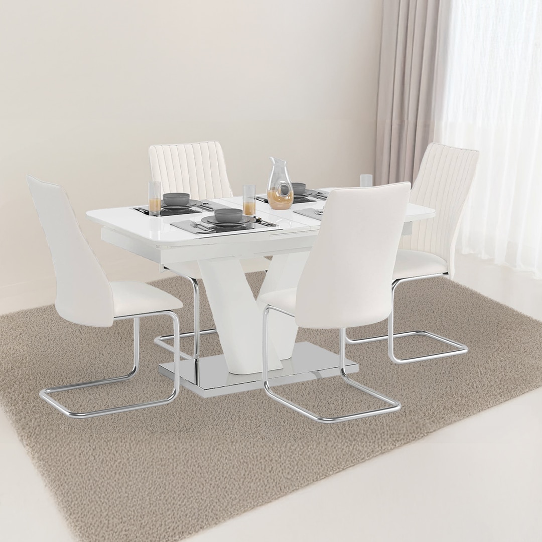 Caribu 4 To 6 Extendable Seater Dining Table With 4 Ingrid Leatherette  Chairs (Finish : White, Chair Colour : White)