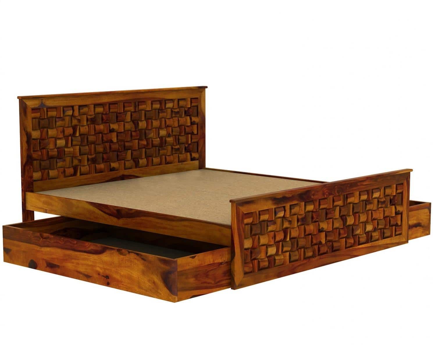 Moglis Solid Wood Queen  Size Bed With Drawer Storage Bed In Honey Oak Finish