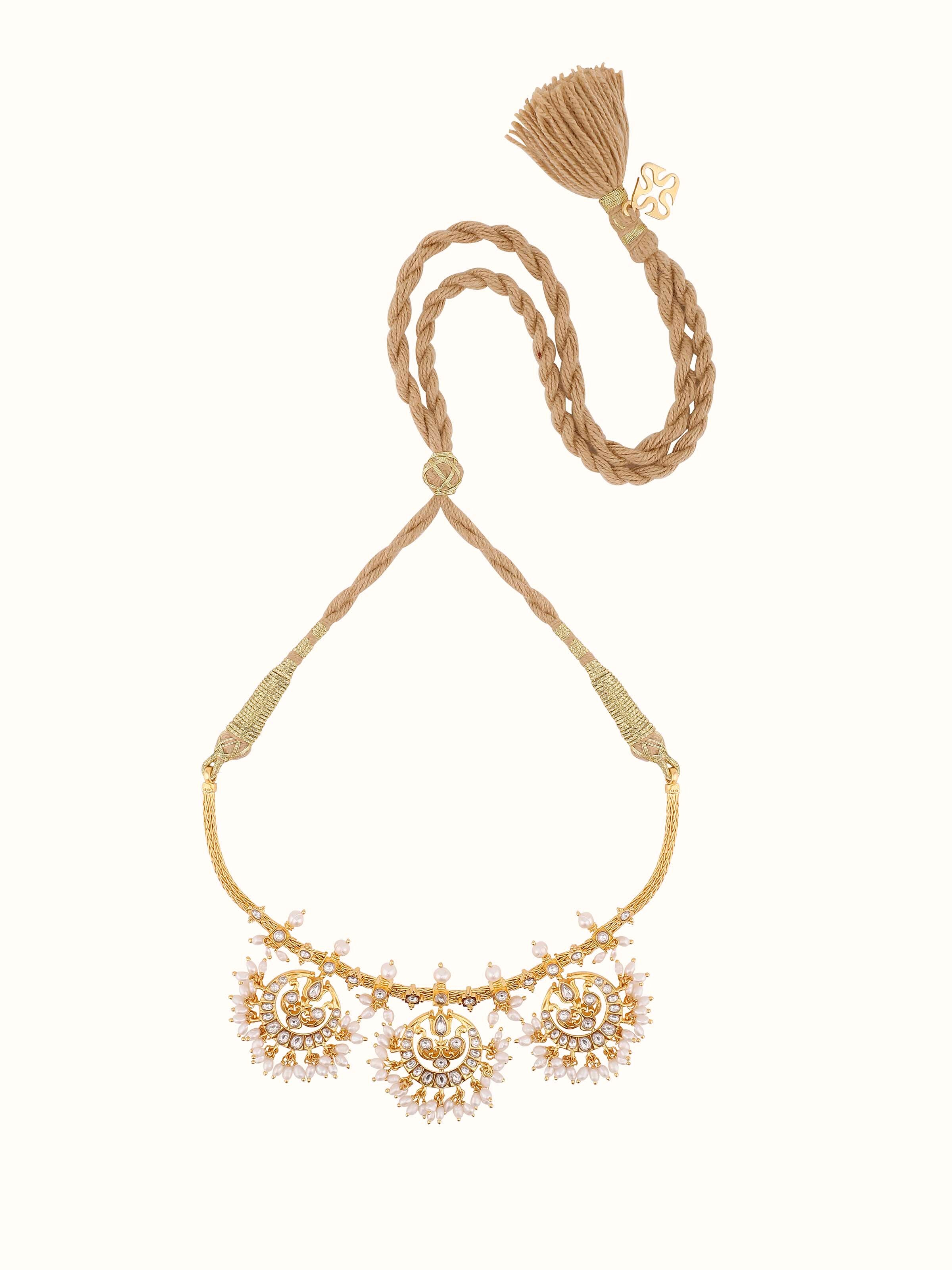 Front view of Guttapusalu Silver Choker showcasing layered pearls and temple-inspired motifs.