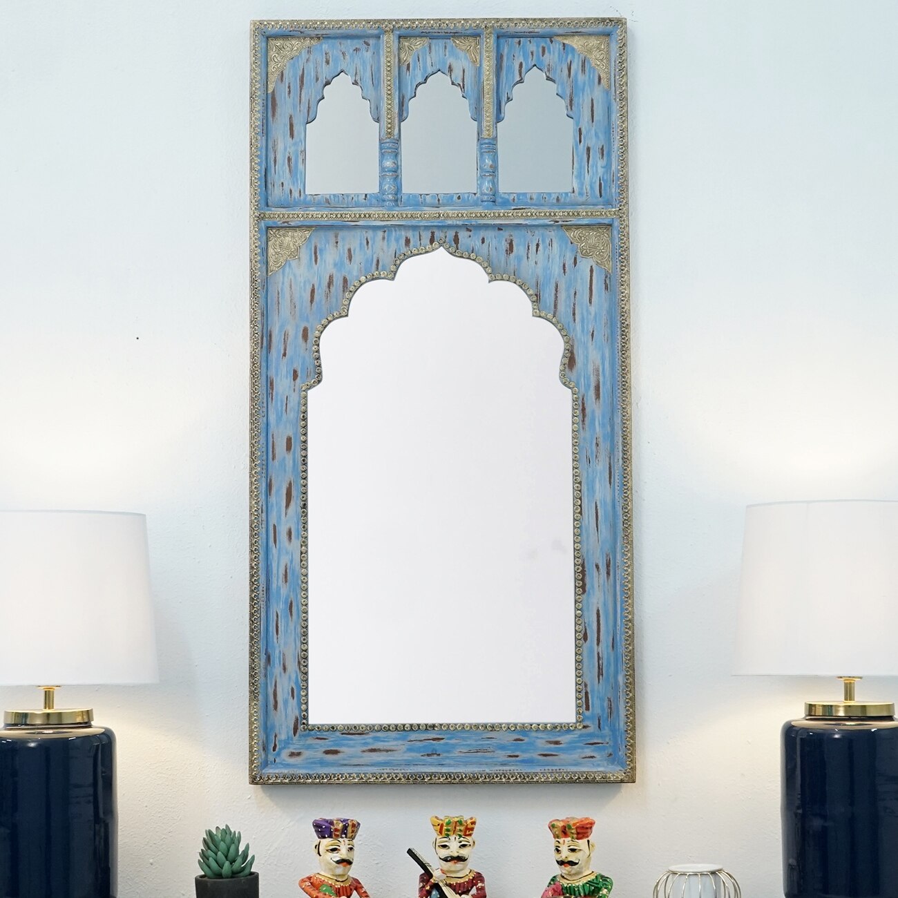 Nora Wood Carved Mirror Frame in Distressed Blue