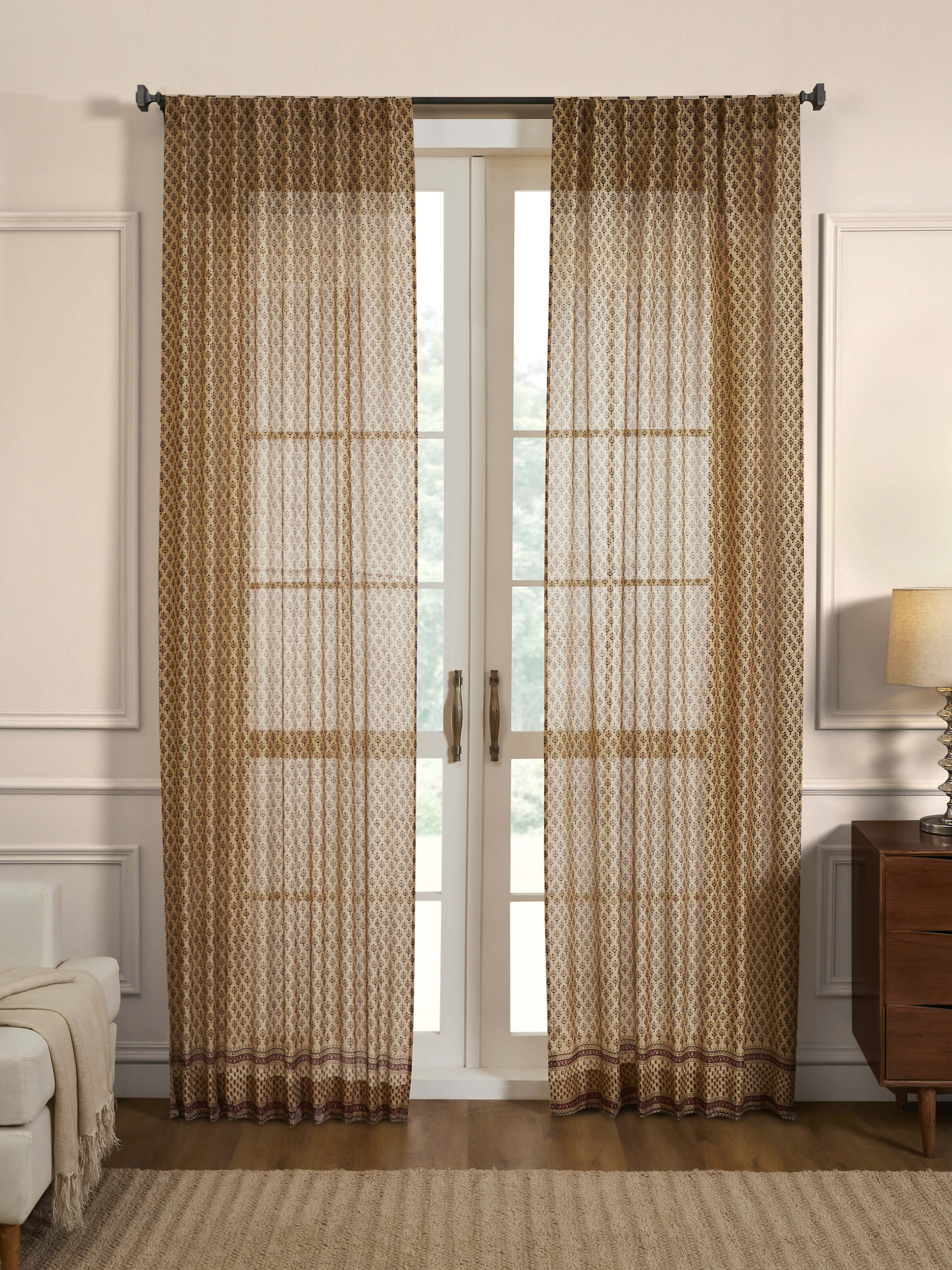 Vasudha Rust Buti Silk Cotton Bagru Hand Block Print Sheer Curtain (9 Ft)