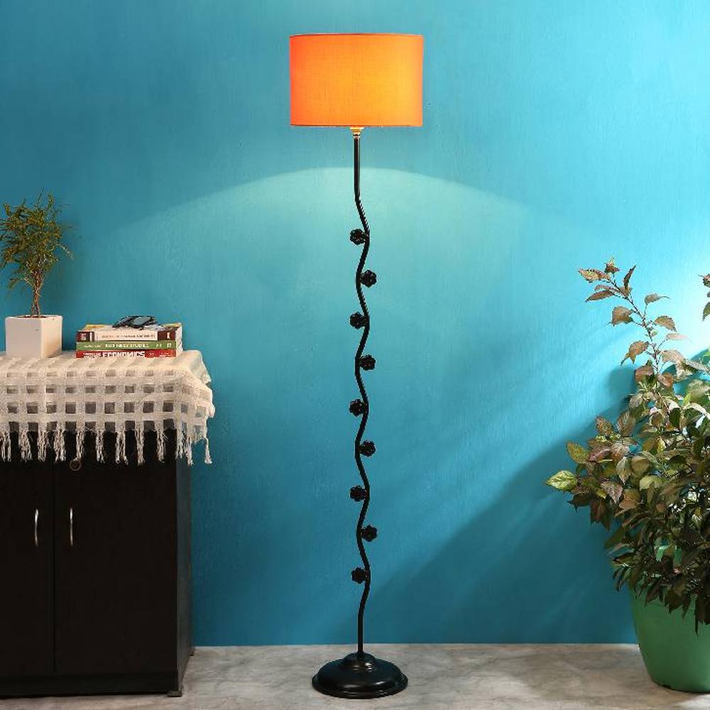 Storm Orange Fabric Floor Lamp with Black Iron Base