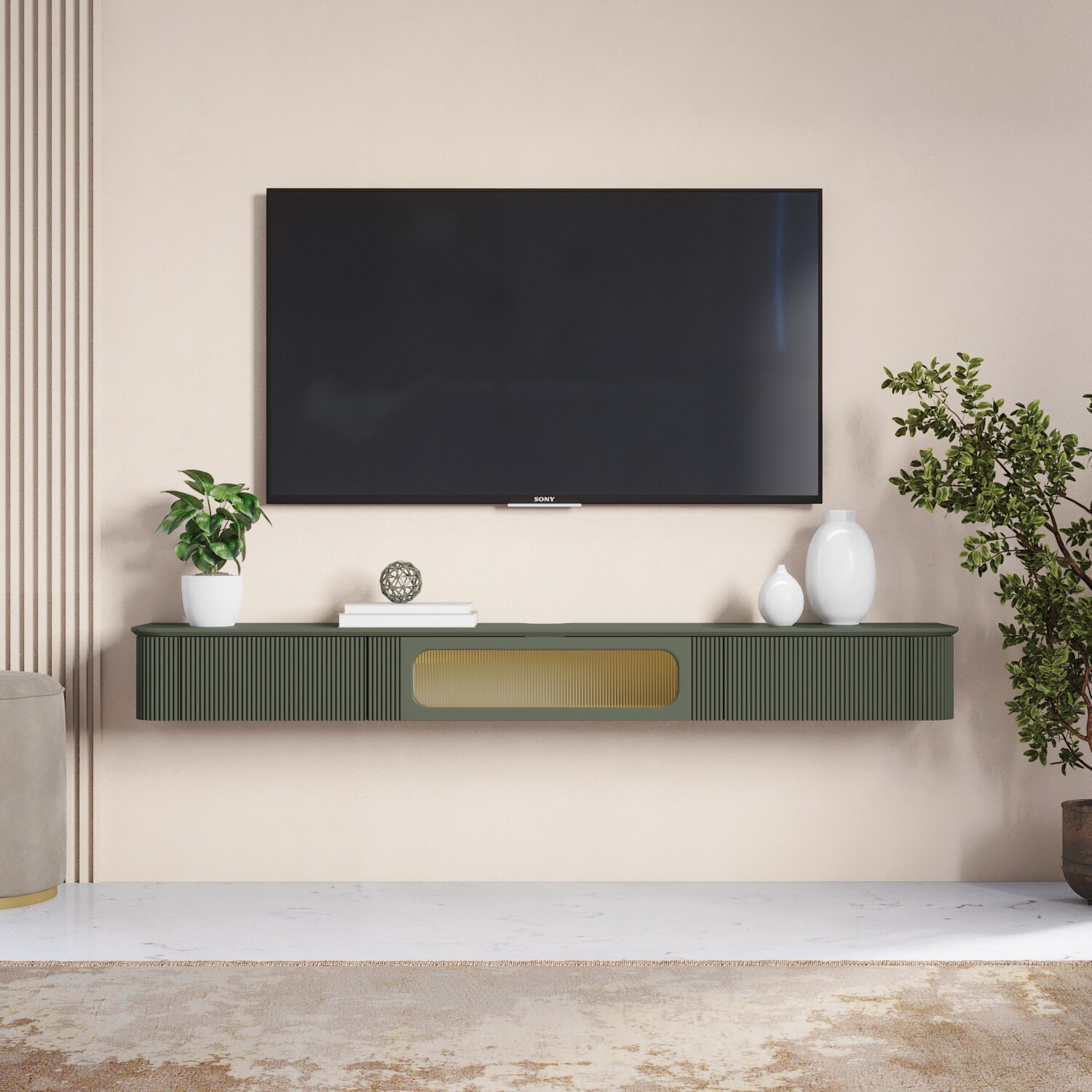 Estella Wall Mounted TV Unit Almond Green Finish