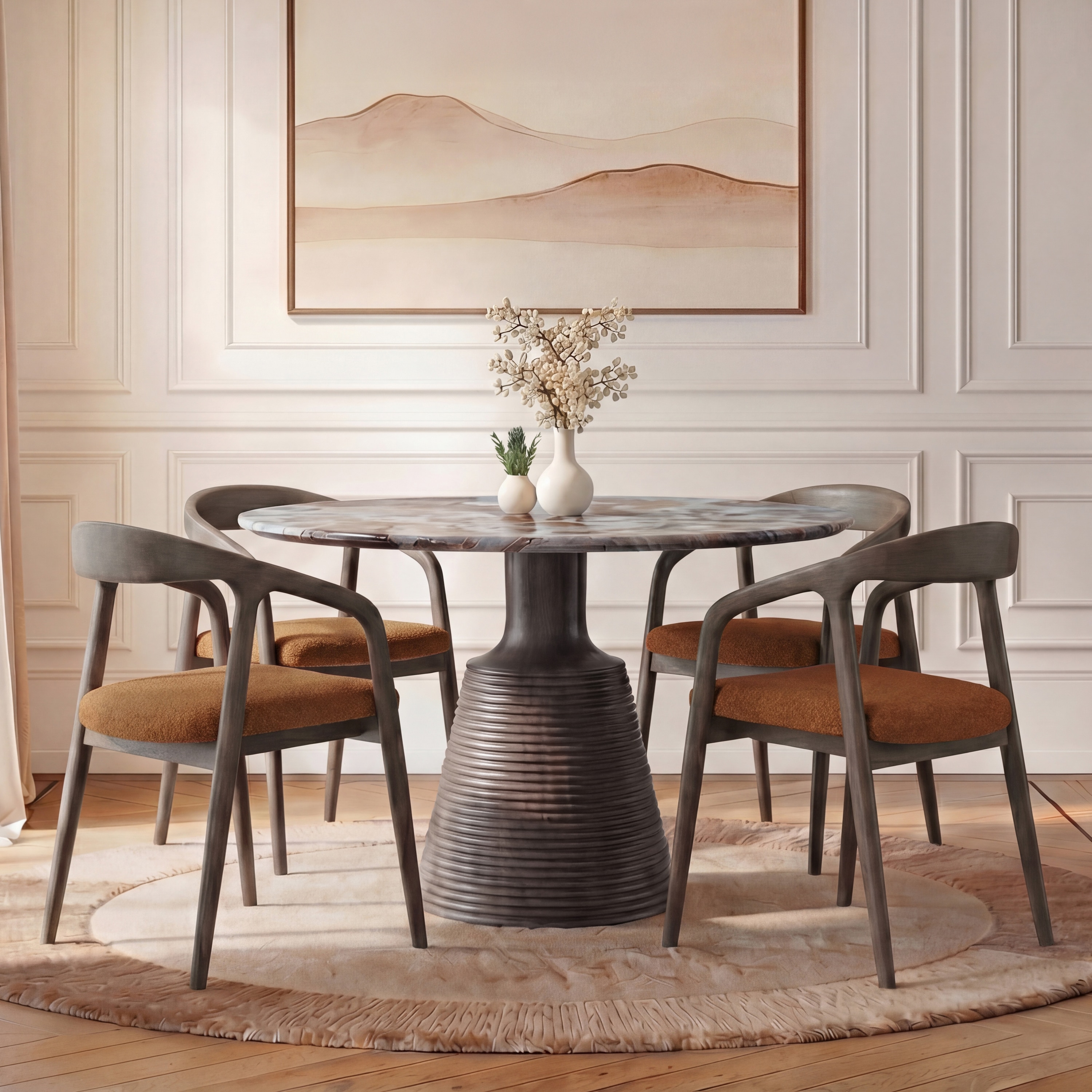 Massa Solid Wood And Sanwar 4 Seater Round Dining Table with 4 Zen Solid Wood Dining Armchair in (Finish: Danish Walnut, Colour: Rust Boucle) - Urban Ladder