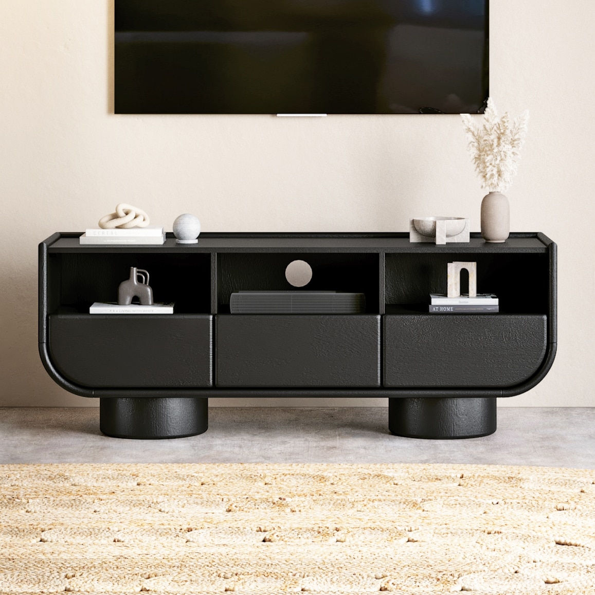 Nura Solid Wood TV Cabinet In Black Wire Brush