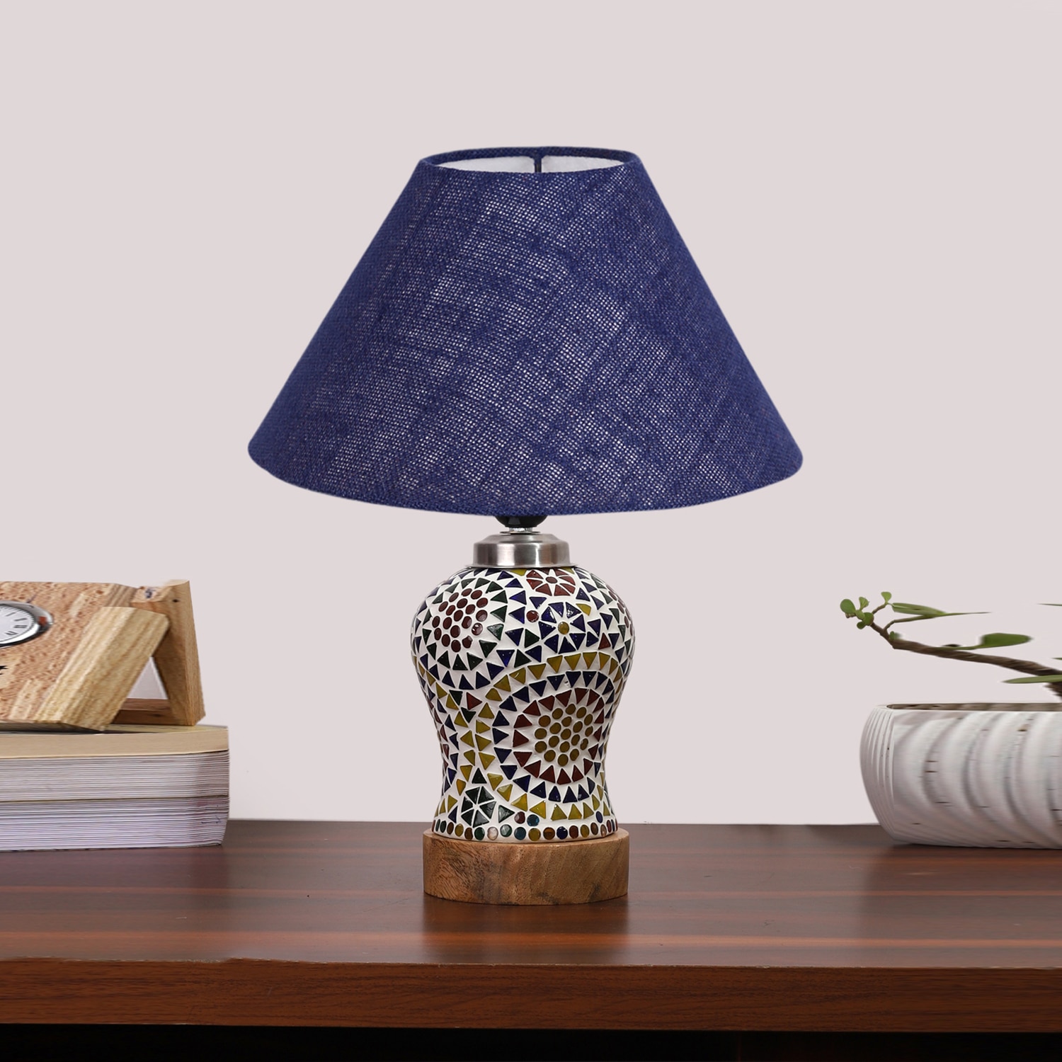 Devansh Conical Blue Jute Shade Lamp With Wood & Mosaic Glass Base For Decoration/Office/Home/Gifting/Study For Decoration/Office/Home/Gifting/Study -(10X10X14.5) Inches -A