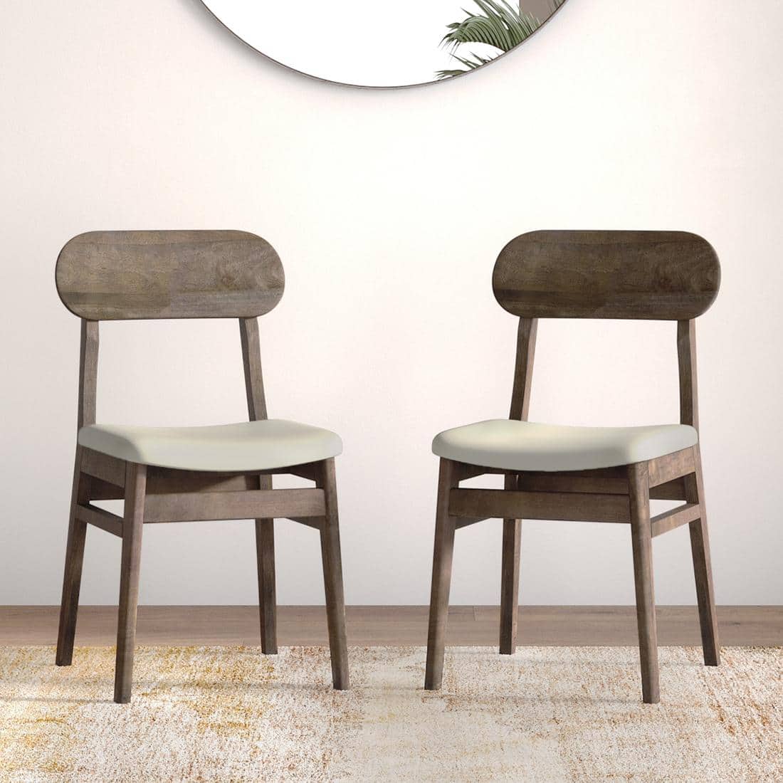 Lunar Solid Wood Dining Chair Set of 2 In Danish Walnut Finish With Ancient Ivory Cream Leatherette Colour