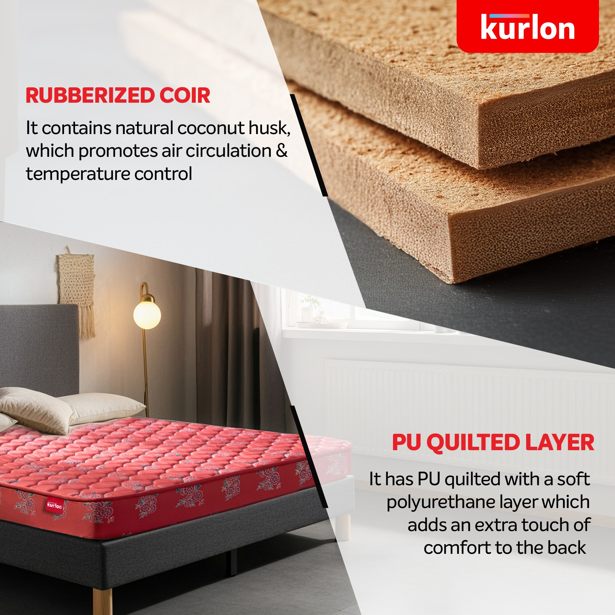 Kurlon Rutile Natural Rubberised Coir Straight Pad Medium Firm PU Foam Single Size Mattress (Thickness: 6 Inches, Dimensions: 75 X 36 Inches)
