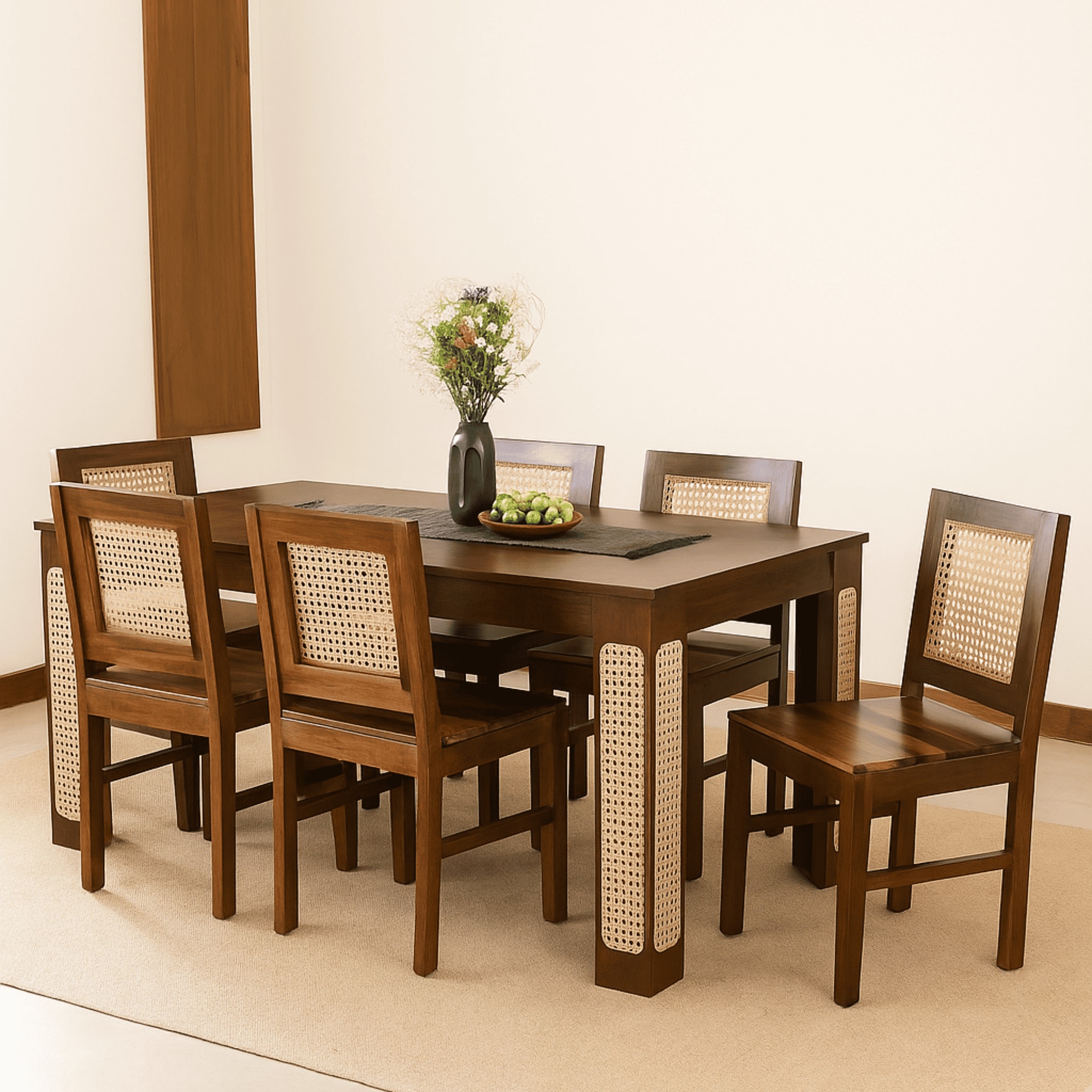 Globally Indian Sheesham Wood 6 Seater Dining Table Set With 6 Cane Backrest  Solid Wood Chair