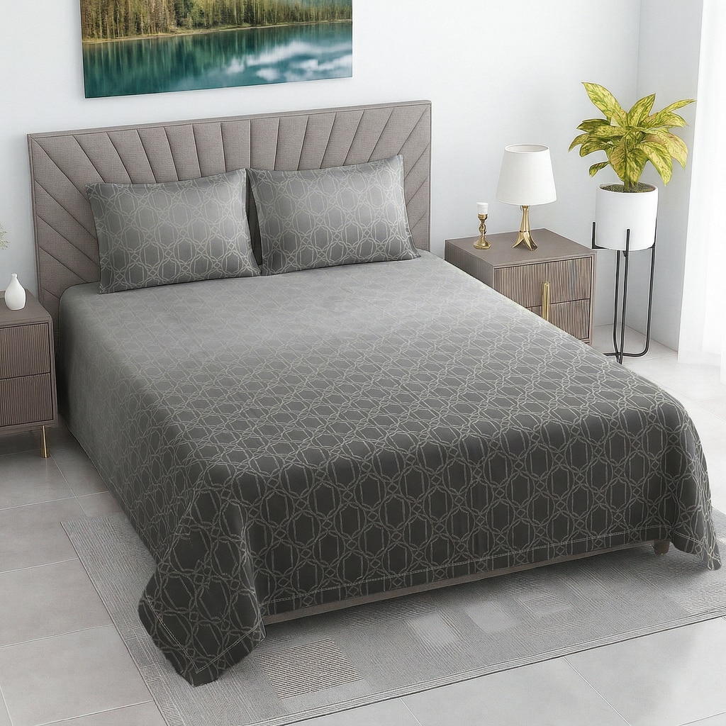 Zeno Multi Shade Abstract 400 TC Cotton Satin Flat Super King Size Bedsheet with 2 Pillow Covers – Threads - Threads