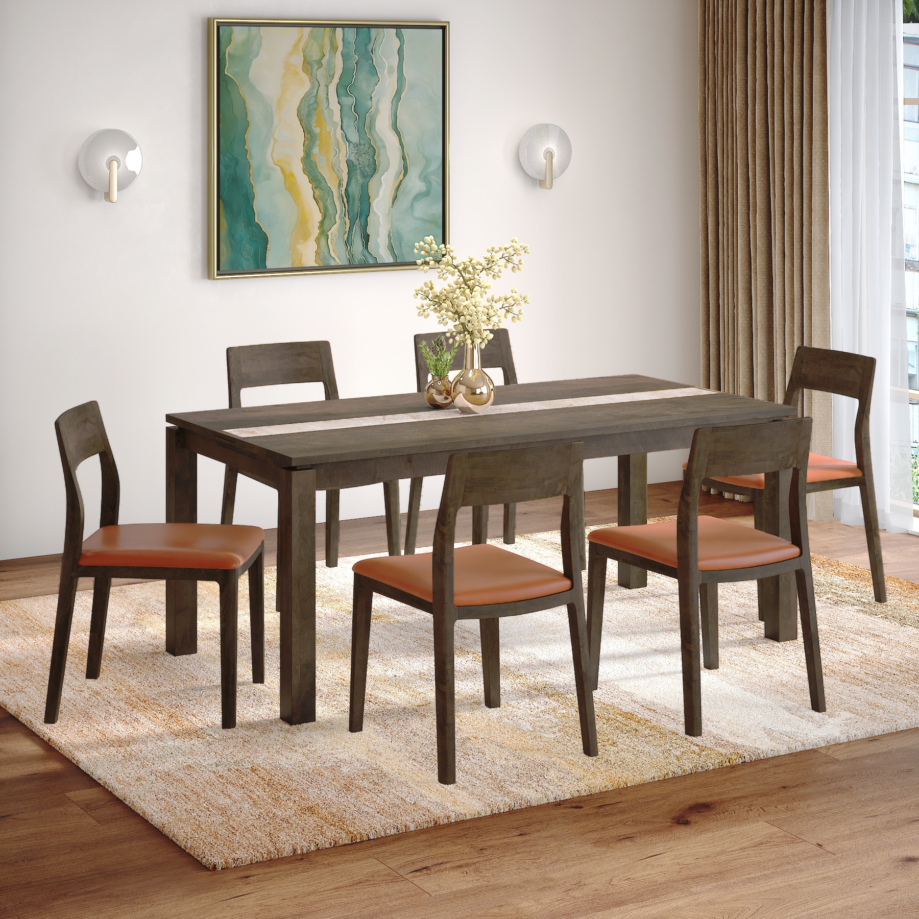 Atlas Crest Storage Solid Wood 6 Seater Dining Table With 6  Clarke Dining Chairs (Finish : Danish Walnut, Chair Colour : Tan Leatherette)