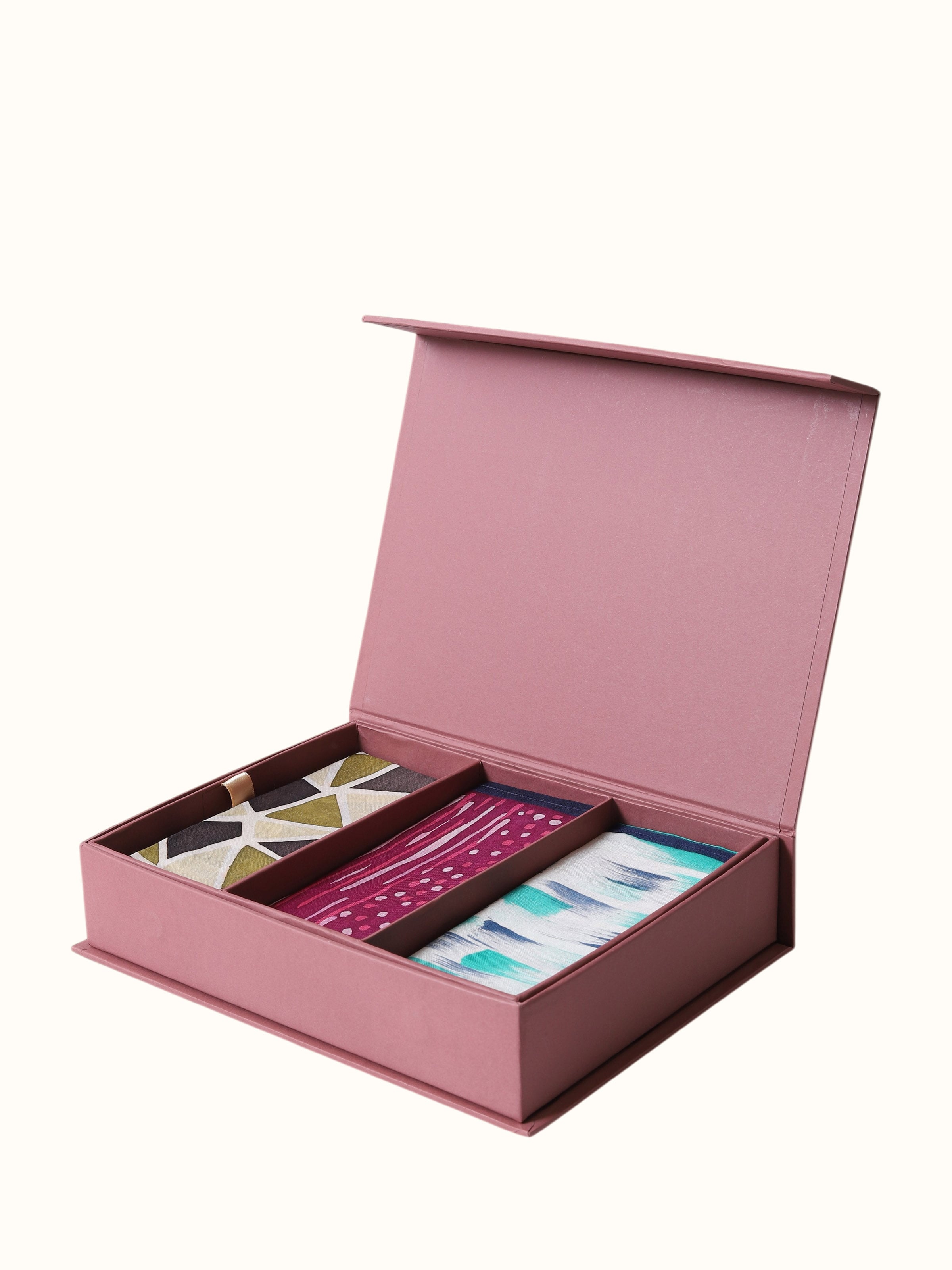 top view of assorted silk discharge block printed pocket squares set