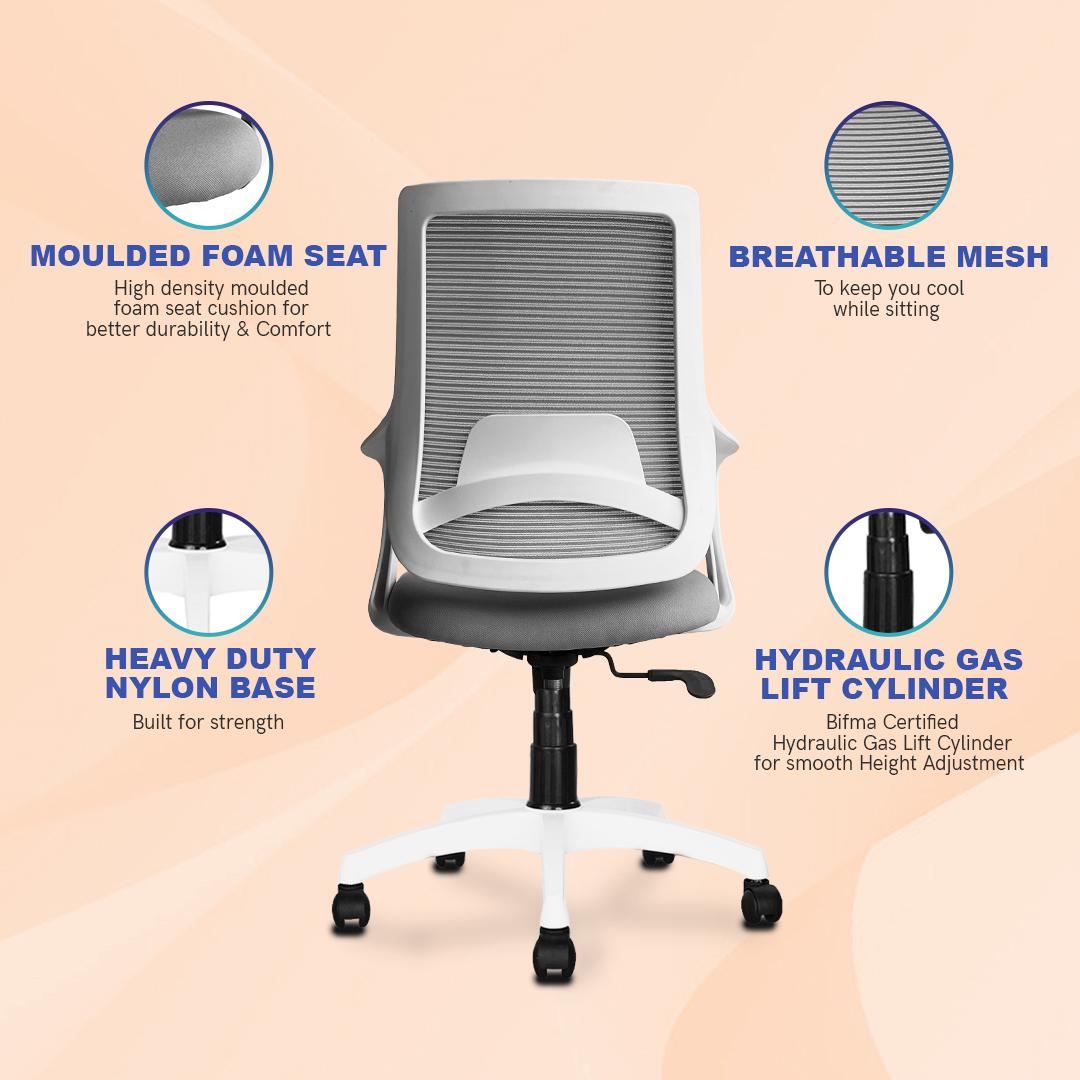Polaris Mid Back Mesh Office Chair in White Grey Colour