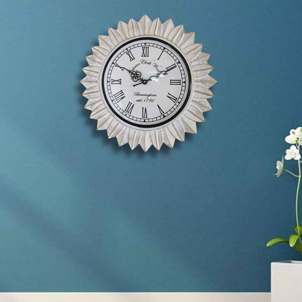 Epsilon White Colour Engineered Wood Distress Finish Sun Flower wall Clock by Disoo Fashions