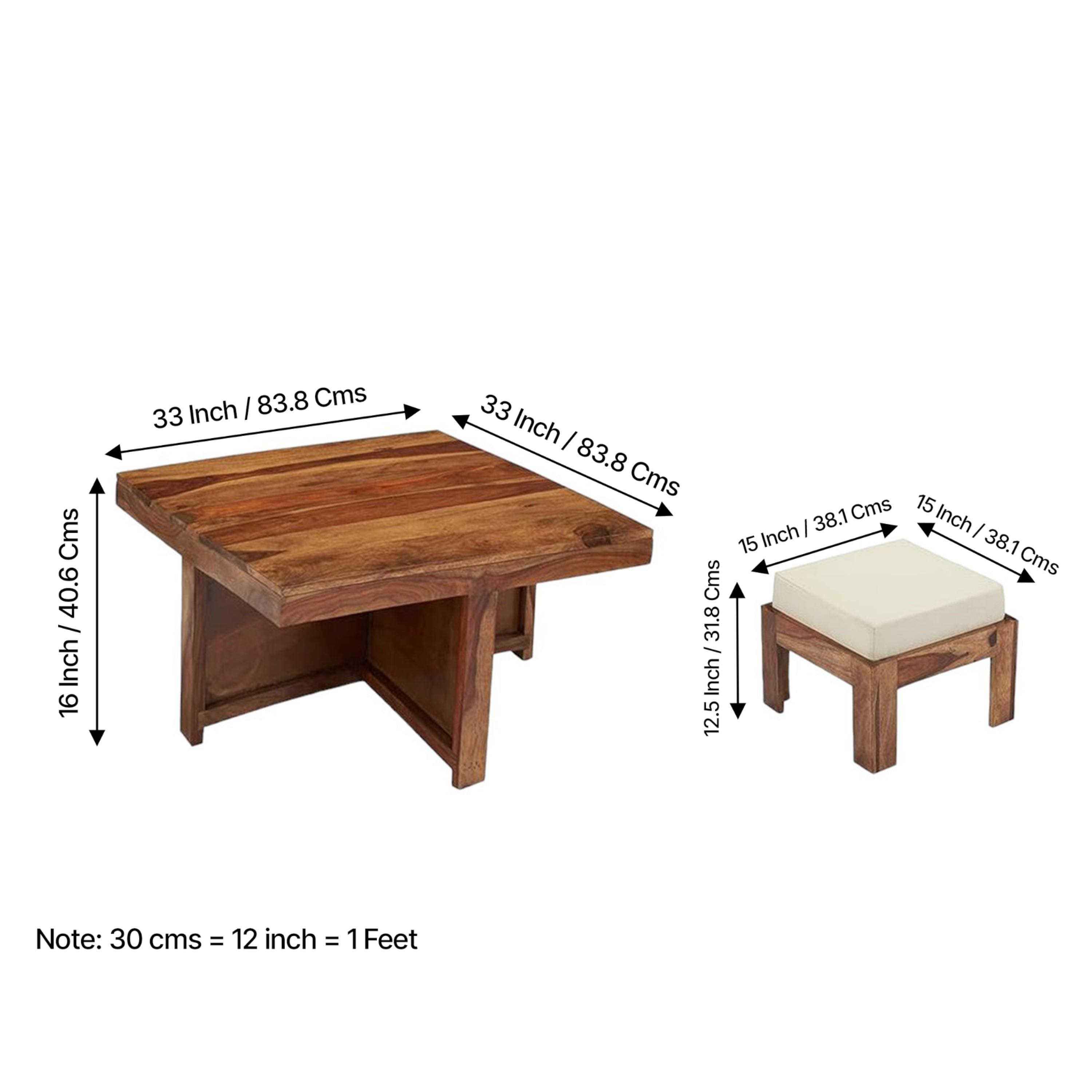 Blane Sheesham Wood Accent Coffee Table Set With 4 Stools In Natural Teak Finish