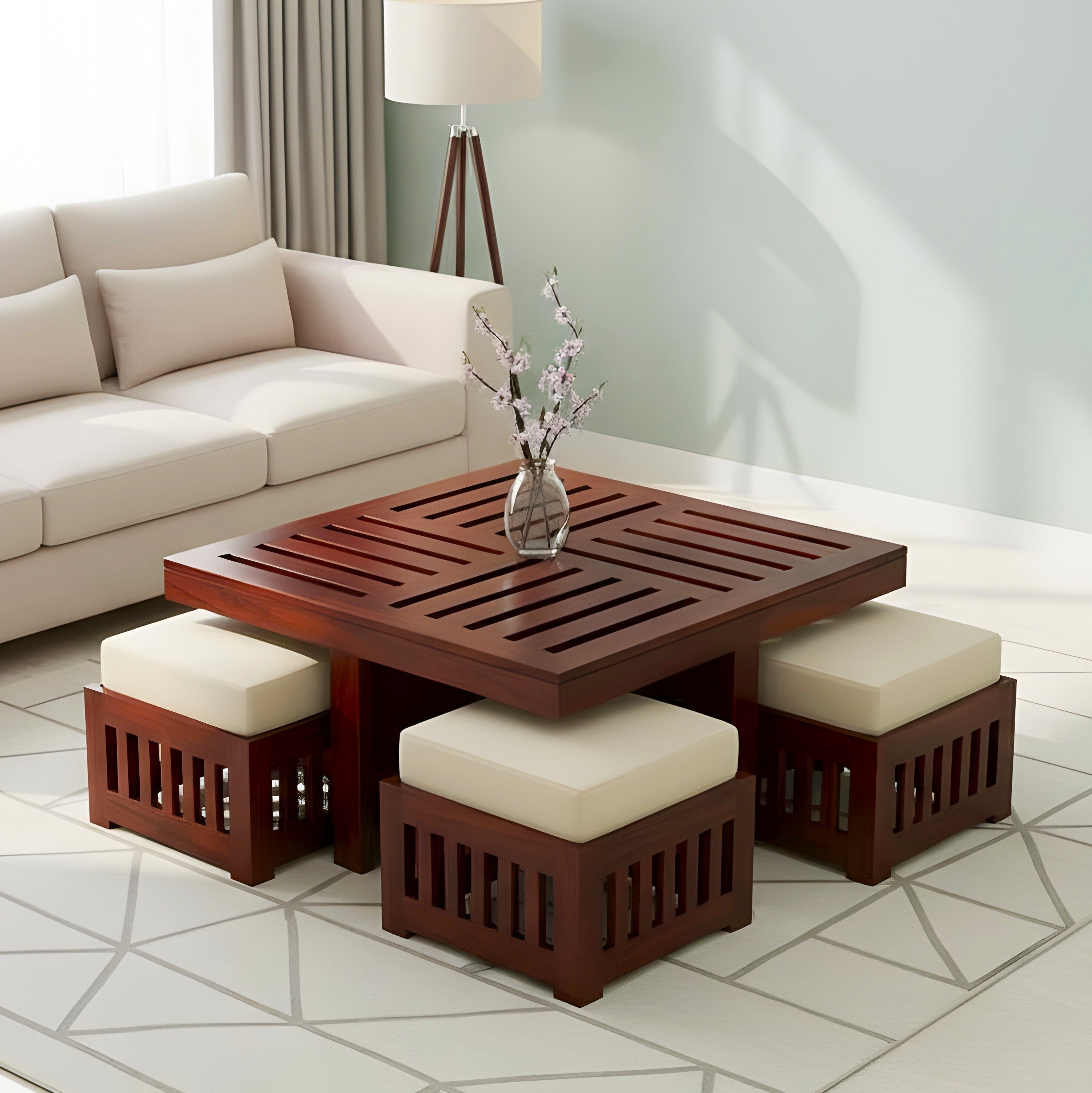 Palladio Sheesham Wood Accent Coffee Table Set With 4 Stools In Honey Finish