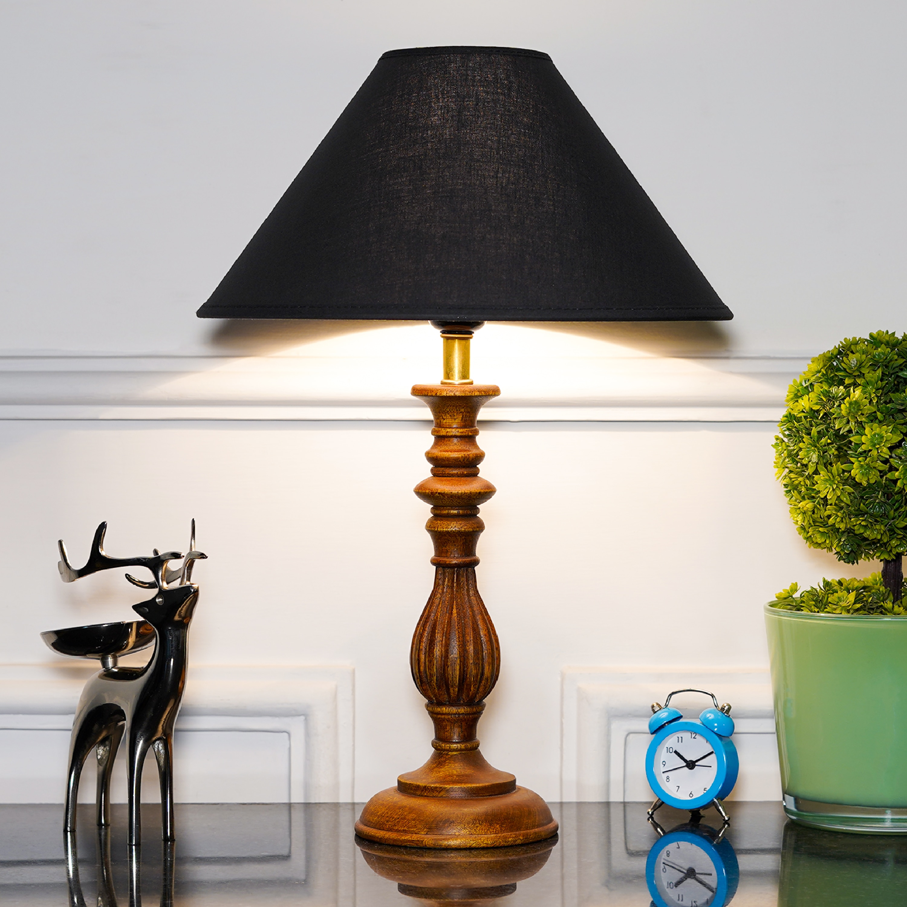 Lorette hand crafted Solid wood honey finish table lamp With Black Cotton Shade - Kapoor Lamp Shades