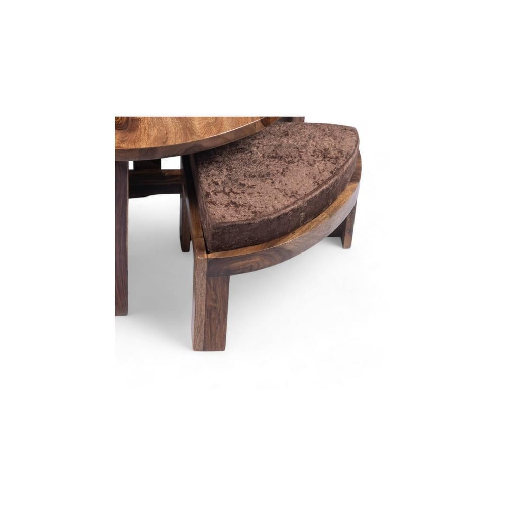 Nashville Sheesham Wood 4 Seater Coffee Table Set In Teak Finish Brown Sparkle Velvet Cushion