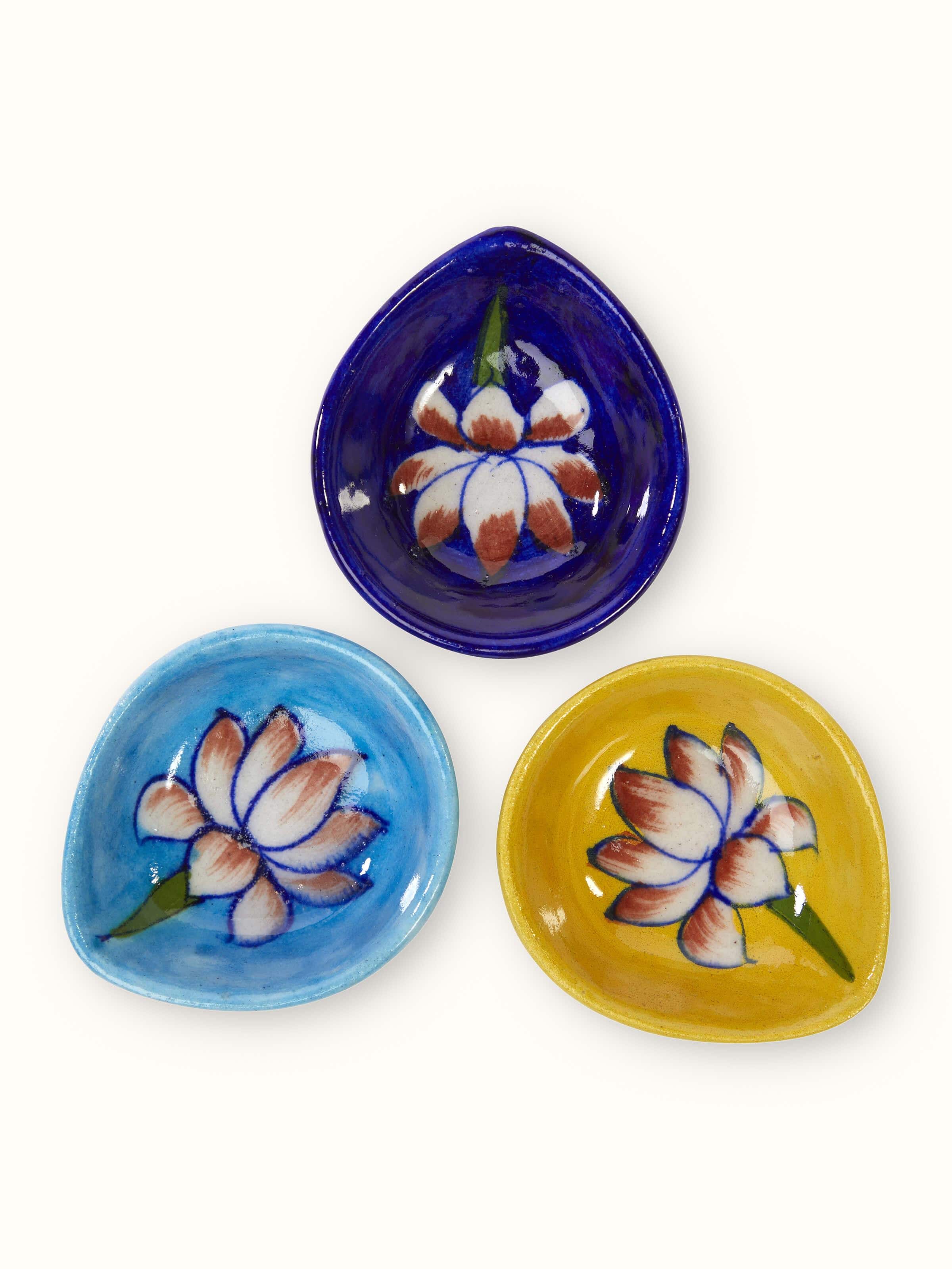 Alternate view of Blue Pottery Ceramic Diyas (3 pcs) highlighting their overall shape and blue patterns.