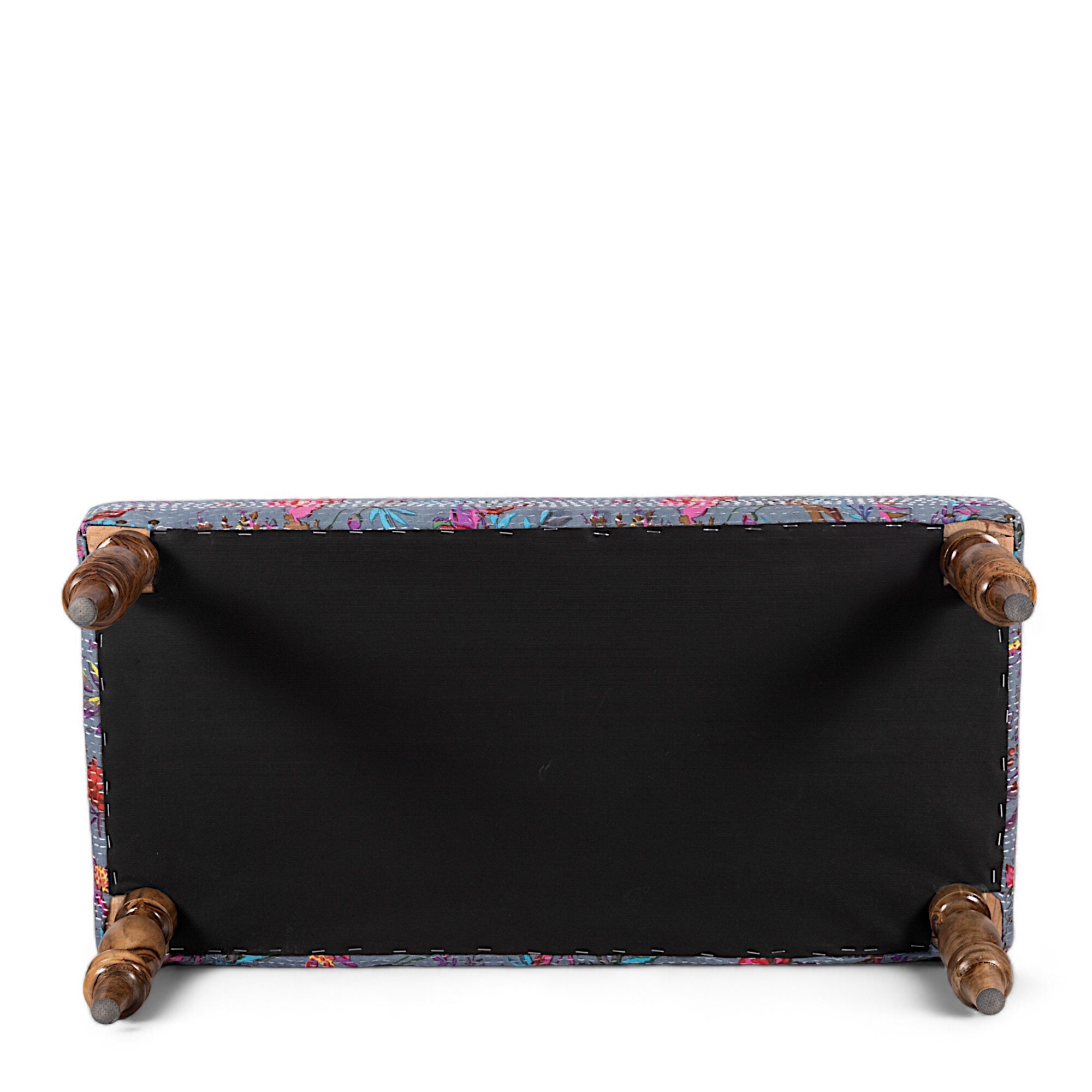 Bestone Solid Wood Bench In Bird Print Grey Kantha Fabric