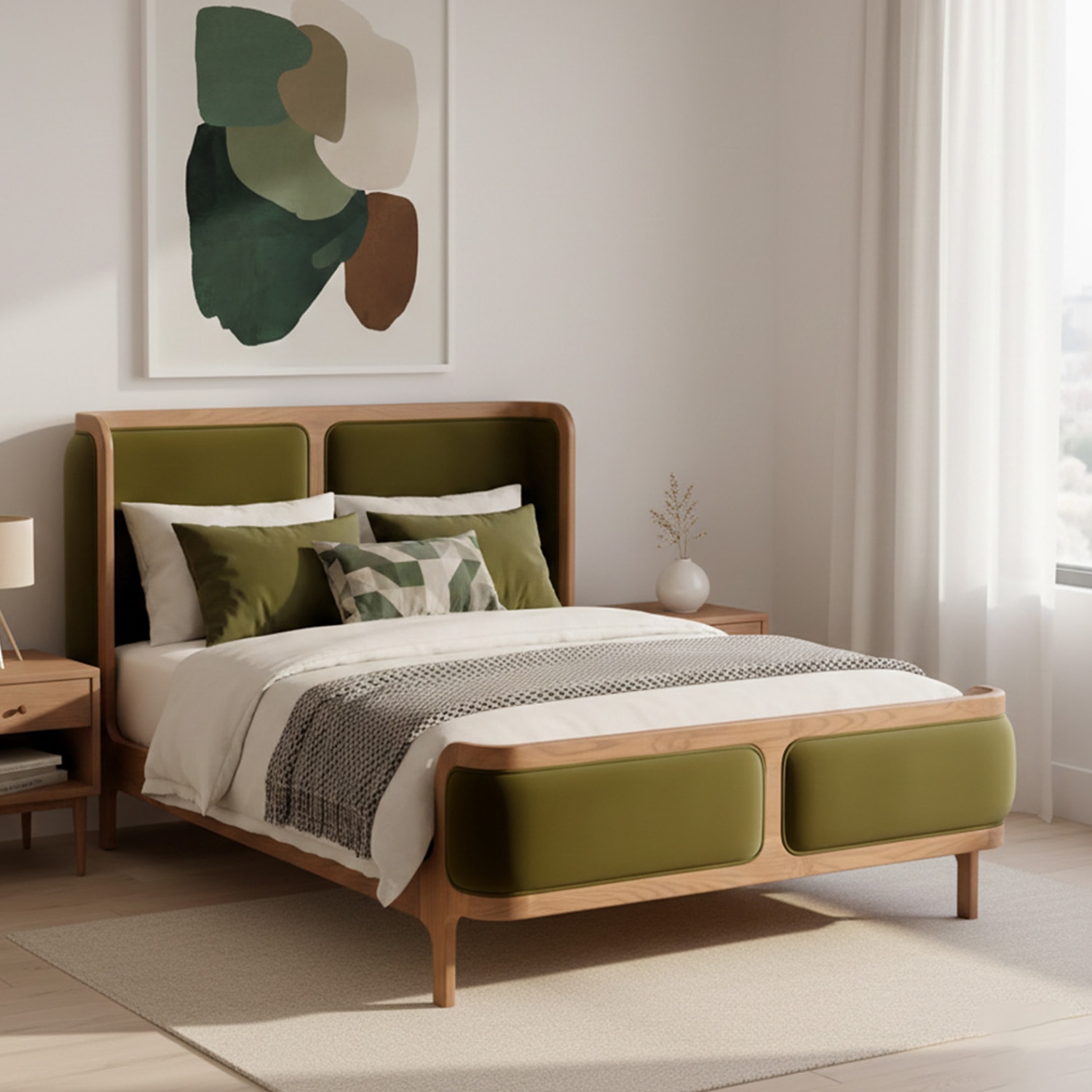 Valerio Duo-Panel Luxe Queen Size Bed in Olive colour Velvet with Oak wood Frame - Nestroots