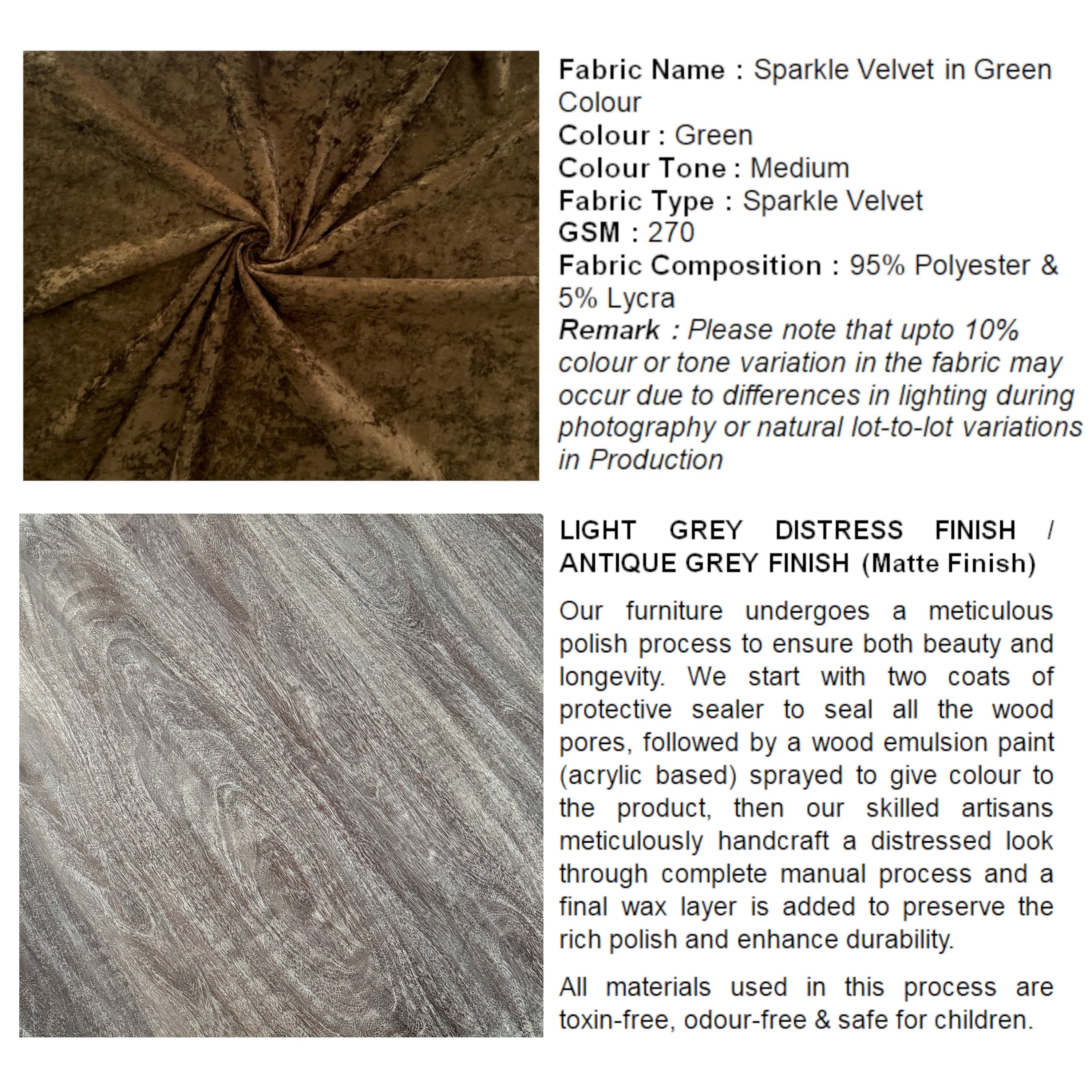 Nashville Sheesham Wood 4 Seater Coffee Table Set In Antique Grey Finish Green Sparkle Velvet Cushion