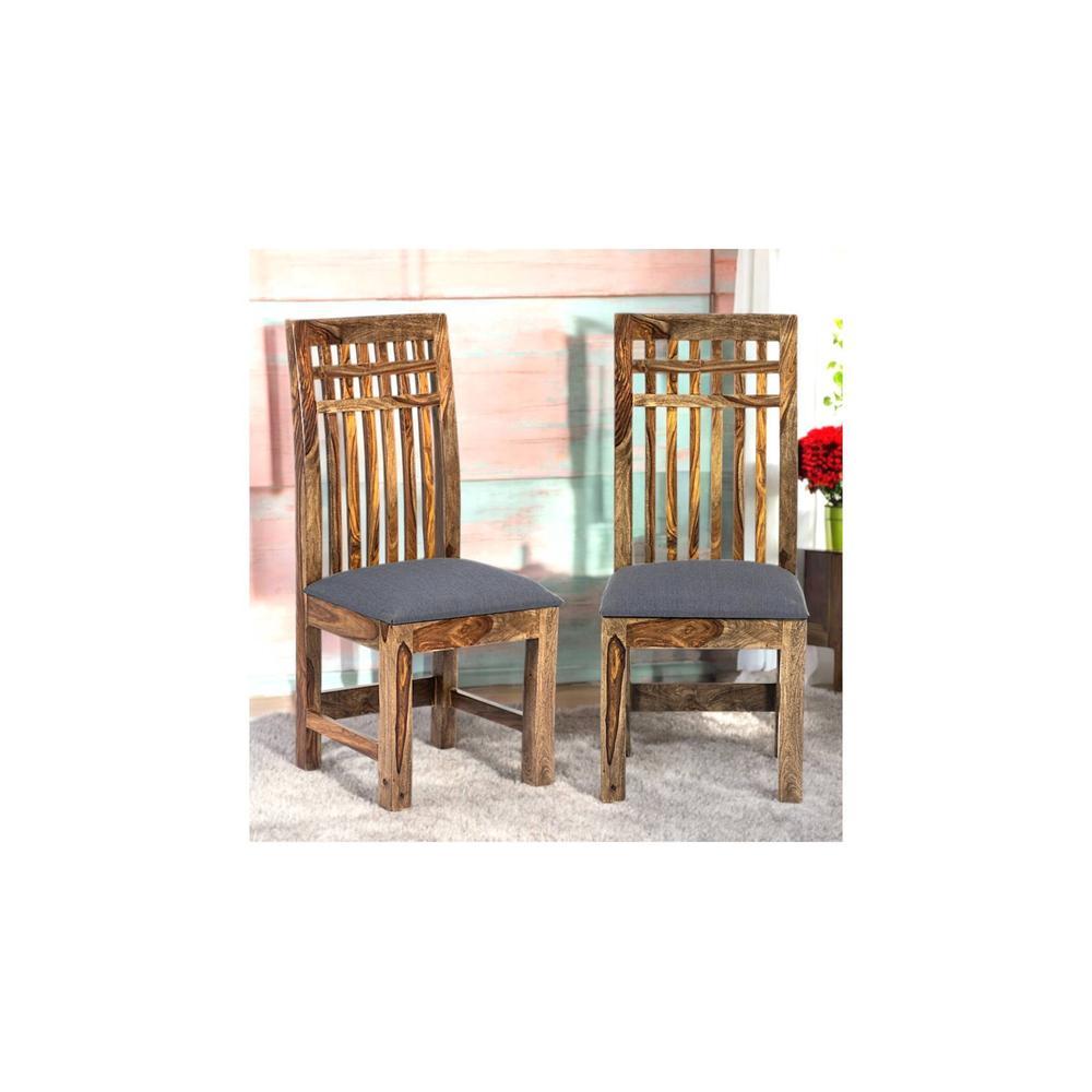 Columbus wood Set of 2 Dining Chairs in Anchor Grey Fabric Cushioning with TEAK FINISH
