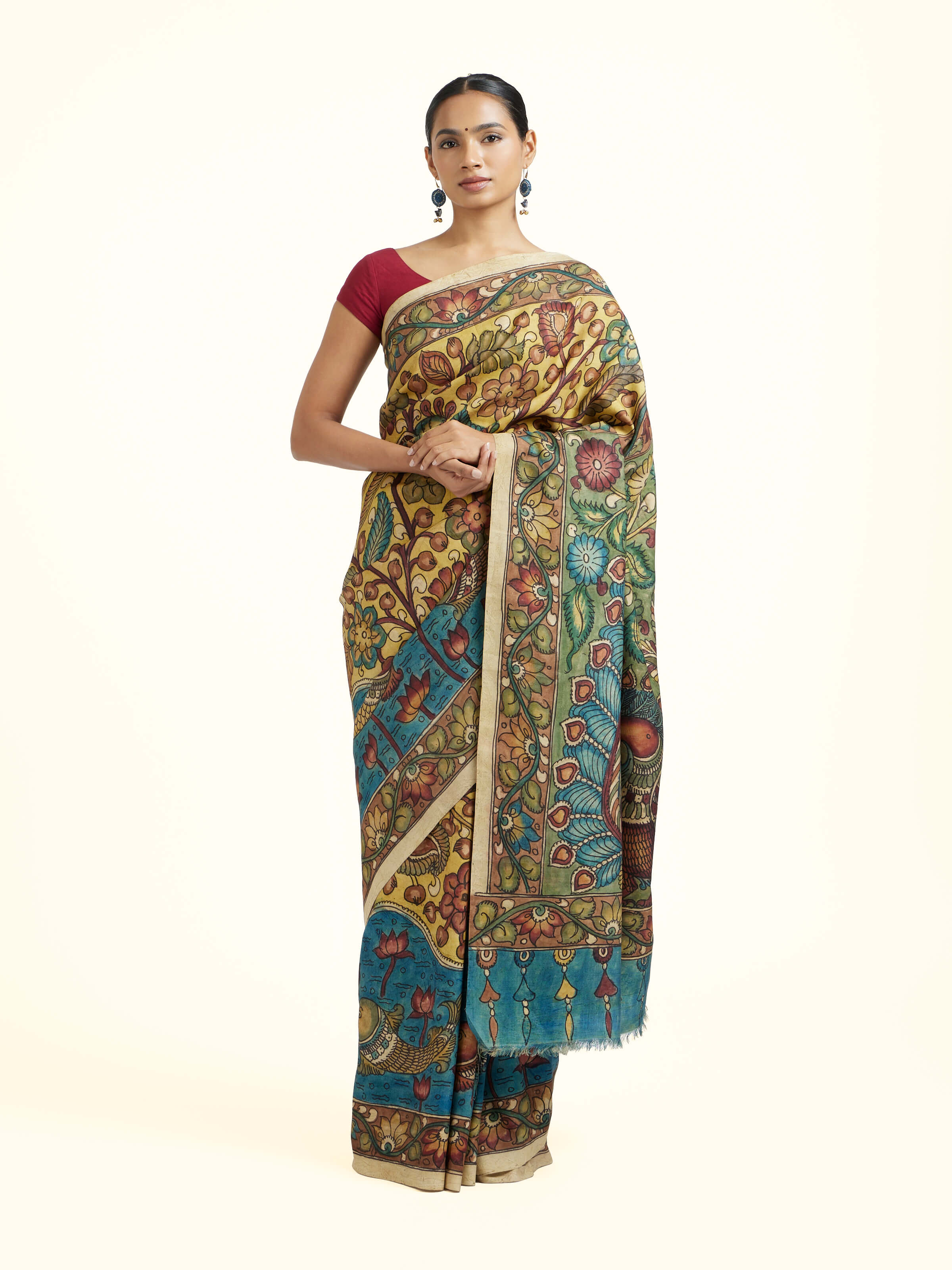 Multicolor Silk Kalamkari Handpainted Saree