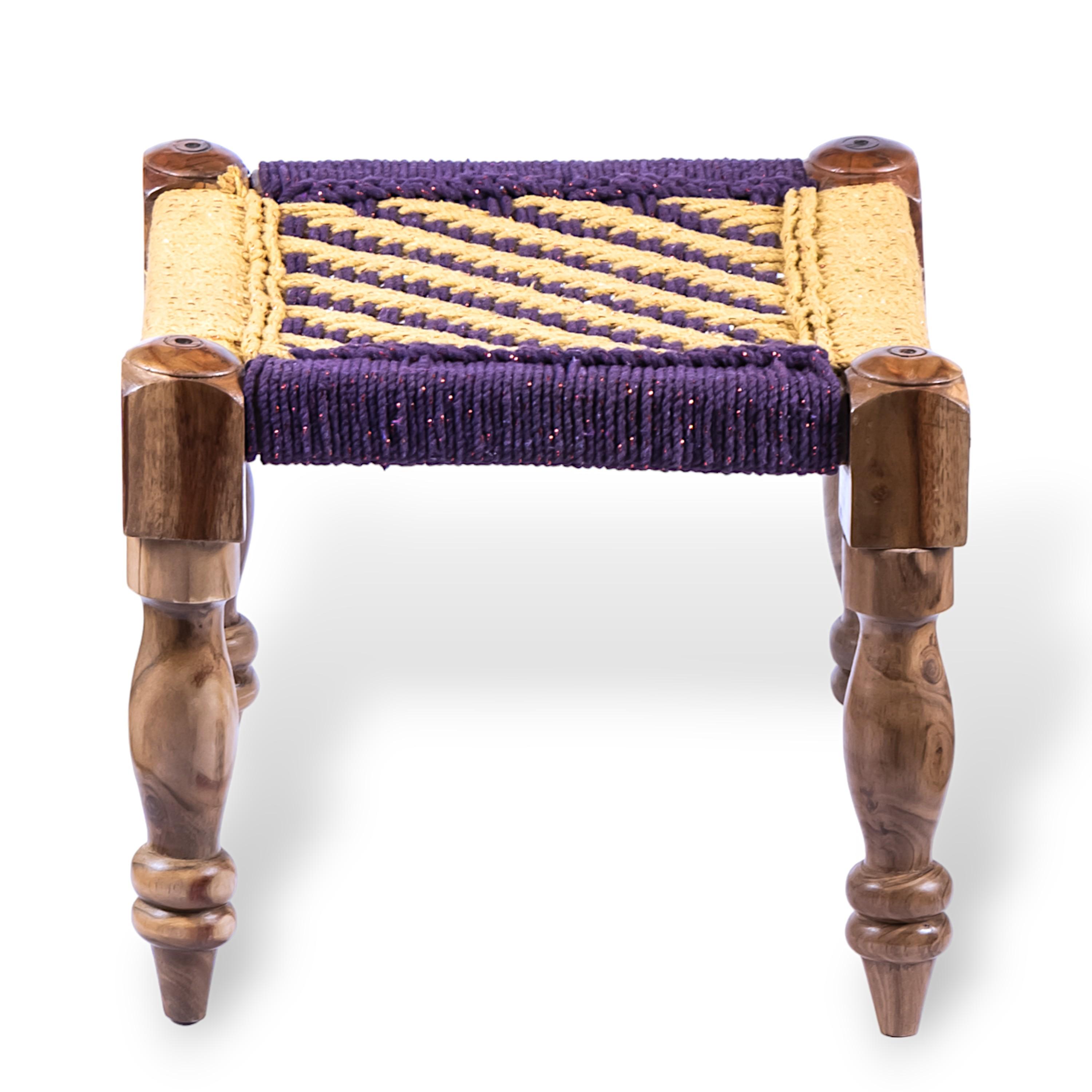 Hamilton Solid Wood Maachi Bench set with 2 Stools in Purple & Yellow Canning
